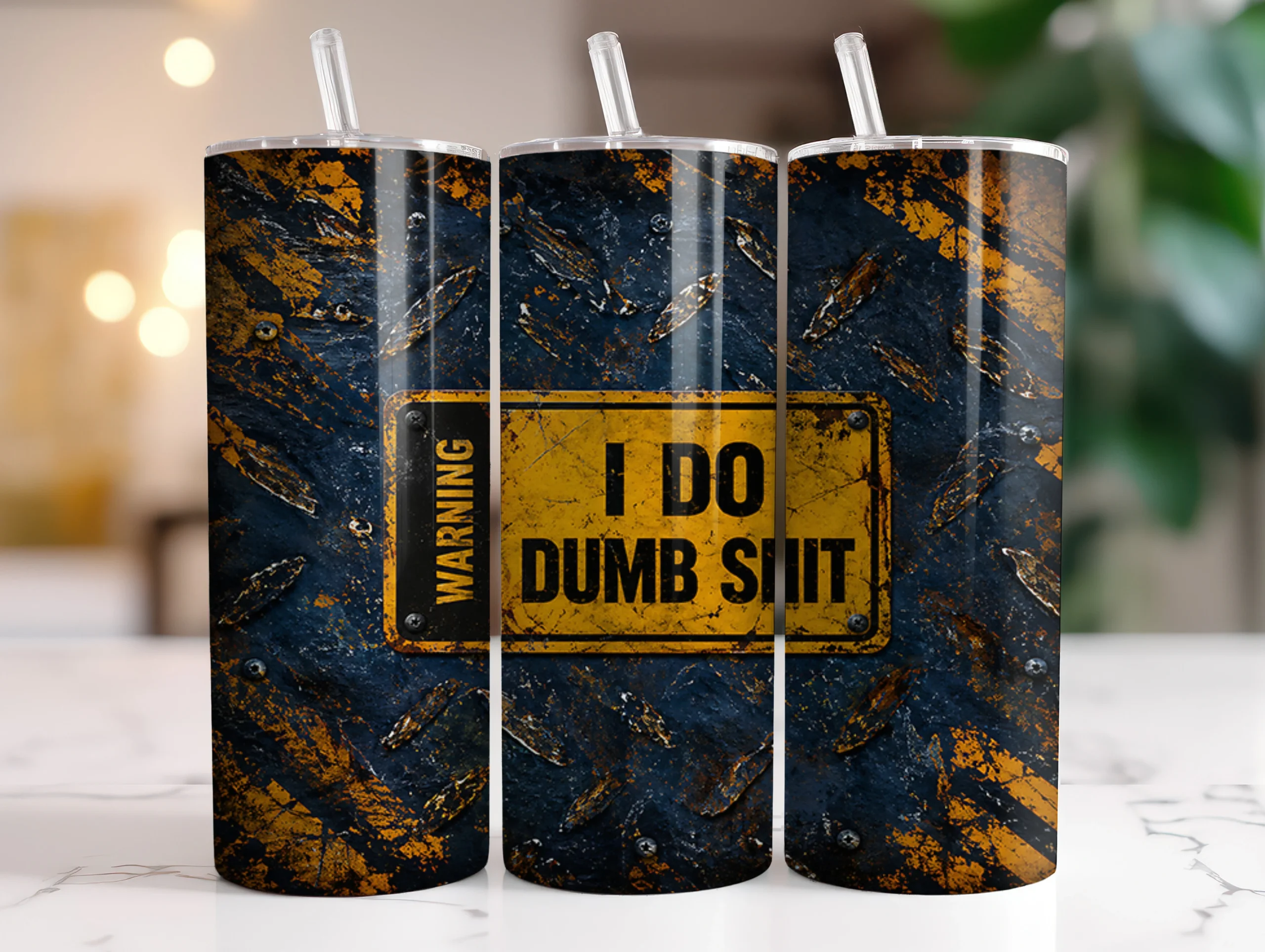 Funny Warning Rusty Metal Tumbler Wraps featuring industrial texture and warning sign