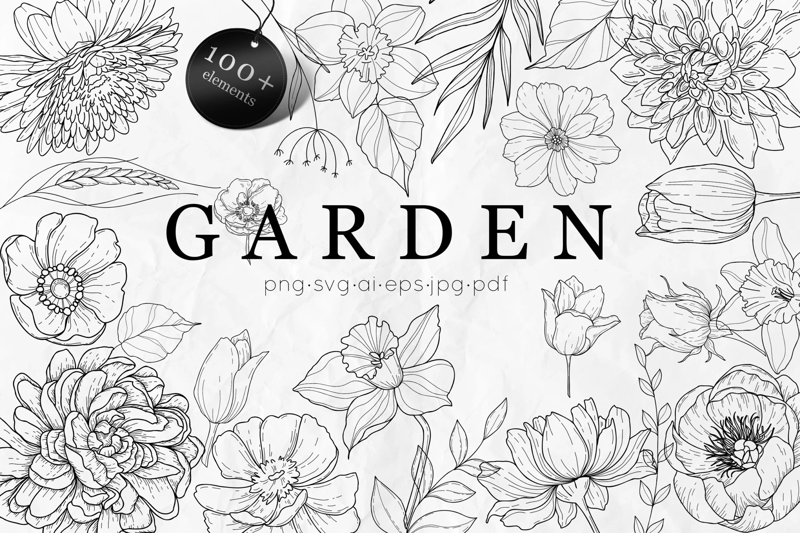 Garden Flowers Bundle Line Art SVG featuring flowers and leaves