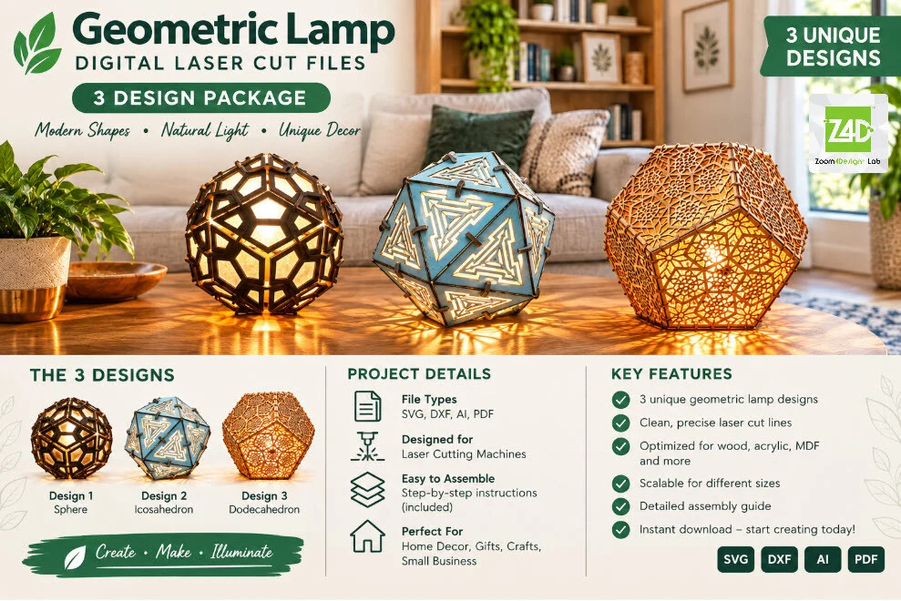 Geometric Lamp 3 Designs Laser Cut preview showing laser-cut design with structured geometric forms