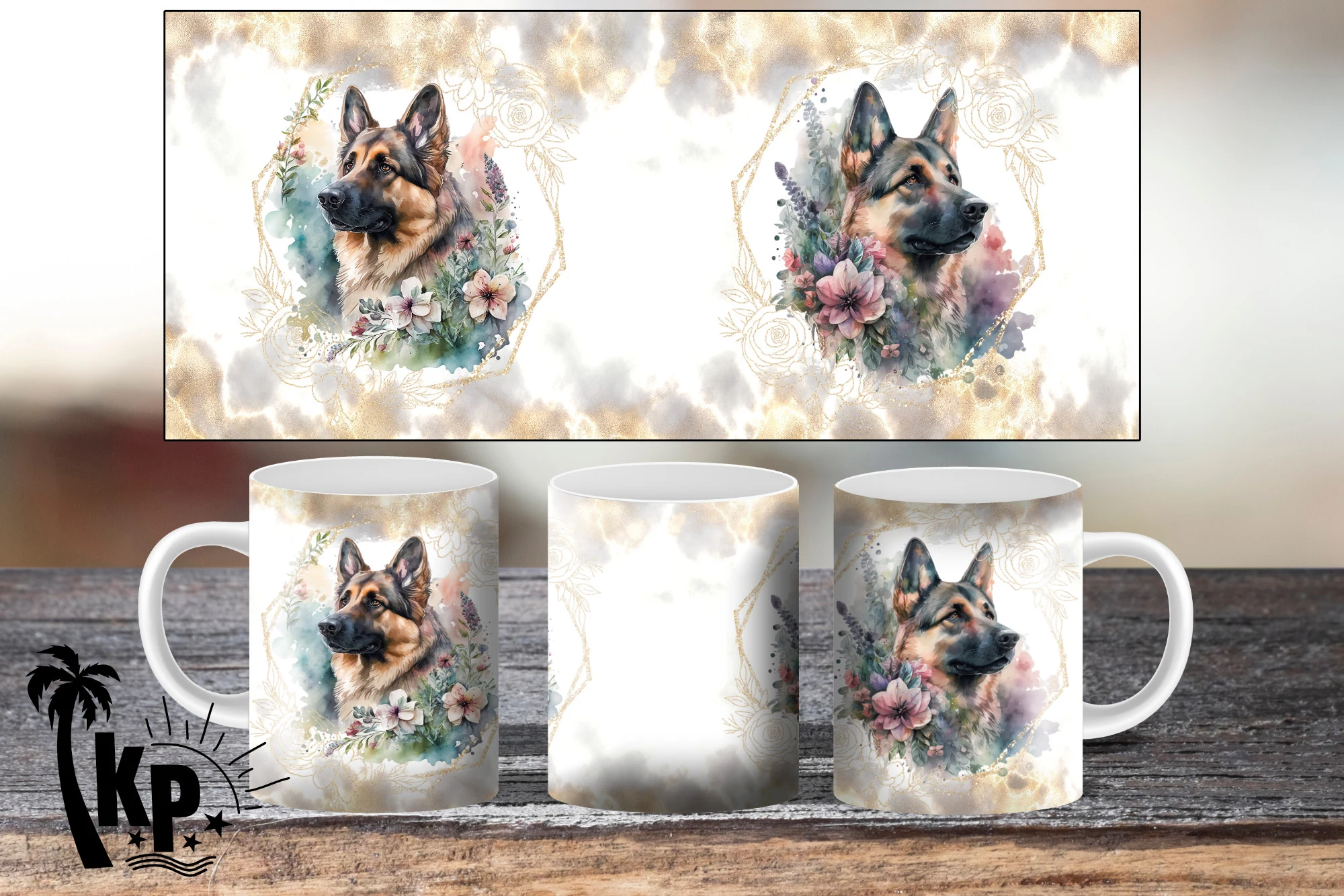 German Shepherd Dog 11oz Mug Full Wrap featuring German Shepherd dog and floral arrangement