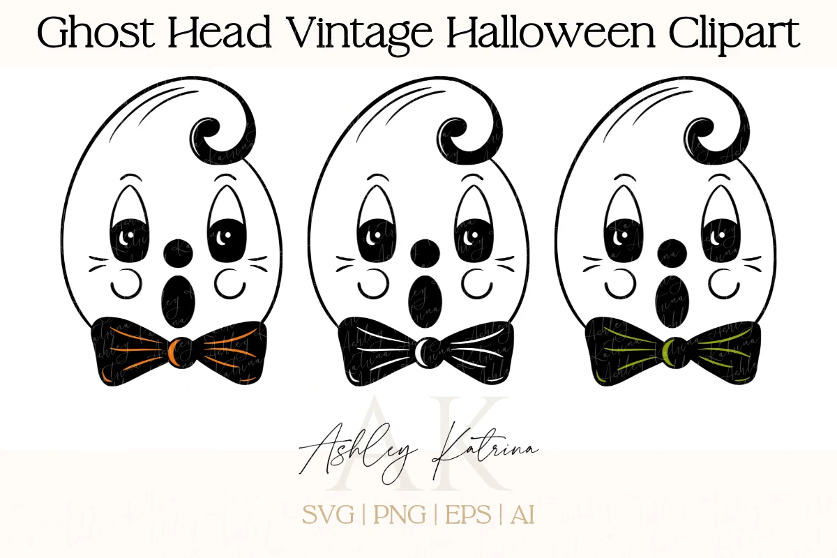 Ghost Head Vintage Halloween Clipart artwork featuring three retro-style ghost illustrations with bows, each with unique color accents in a simple black and white line art style.