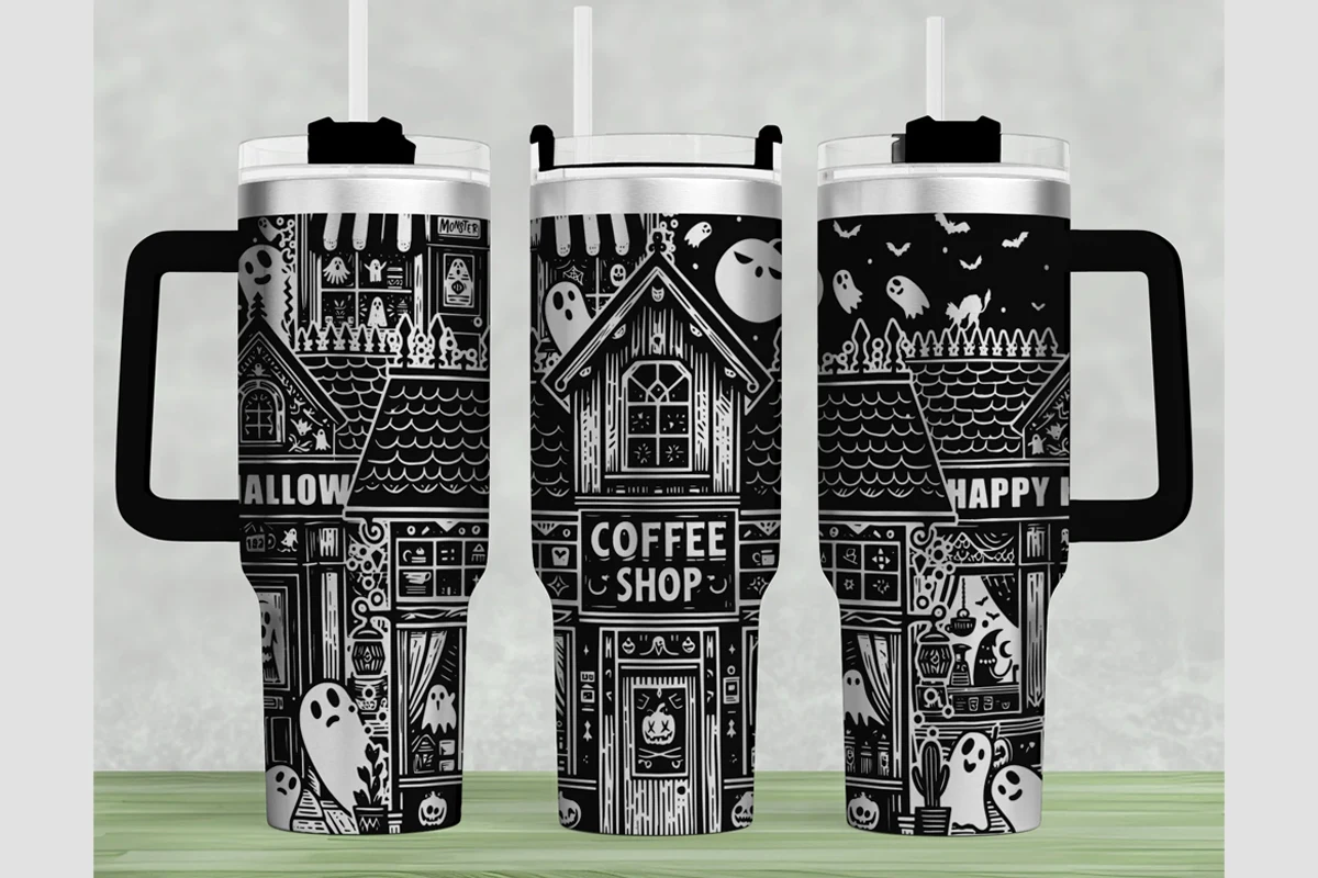 Ghost Shop 40oz Laser Tumbler Wrap SVG preview showing ghosts with composition