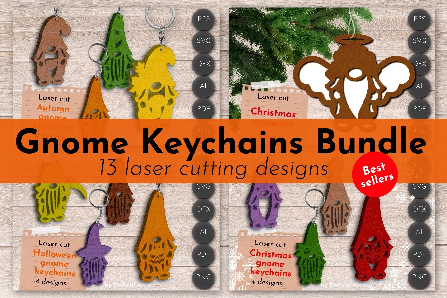 Gnomes Keychains Laser Cut Files, Autumn featuring gnome keychains and angel ornament