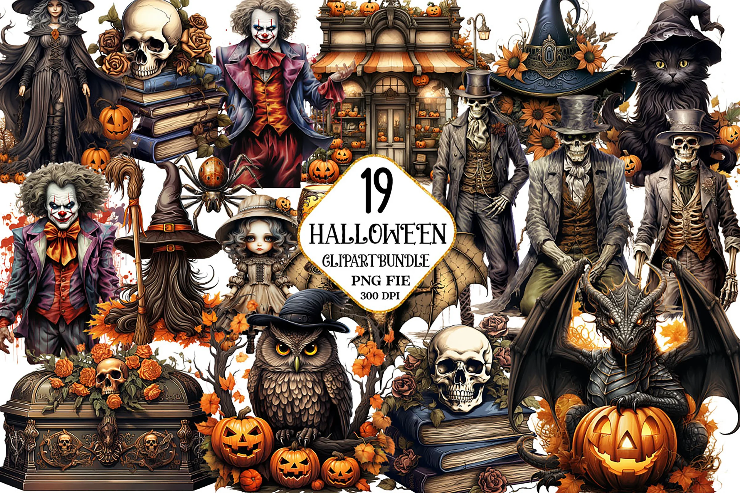 Gothic Antique Halloween Clipart Bundle featuring skeletons and clowns