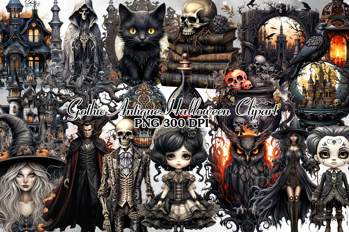 Gothic Antique Halloween Clipart Bundle featuring gothic house and grim reaper