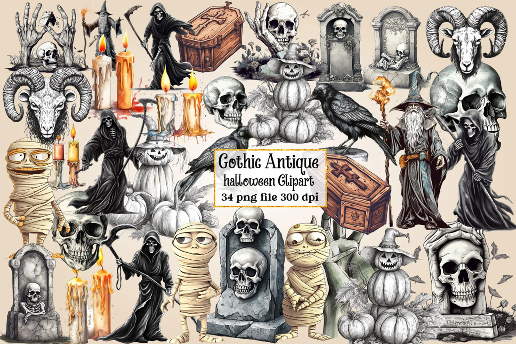 Gothic Antique Halloween Clipart Bundle featuring skulls and grim reapers
