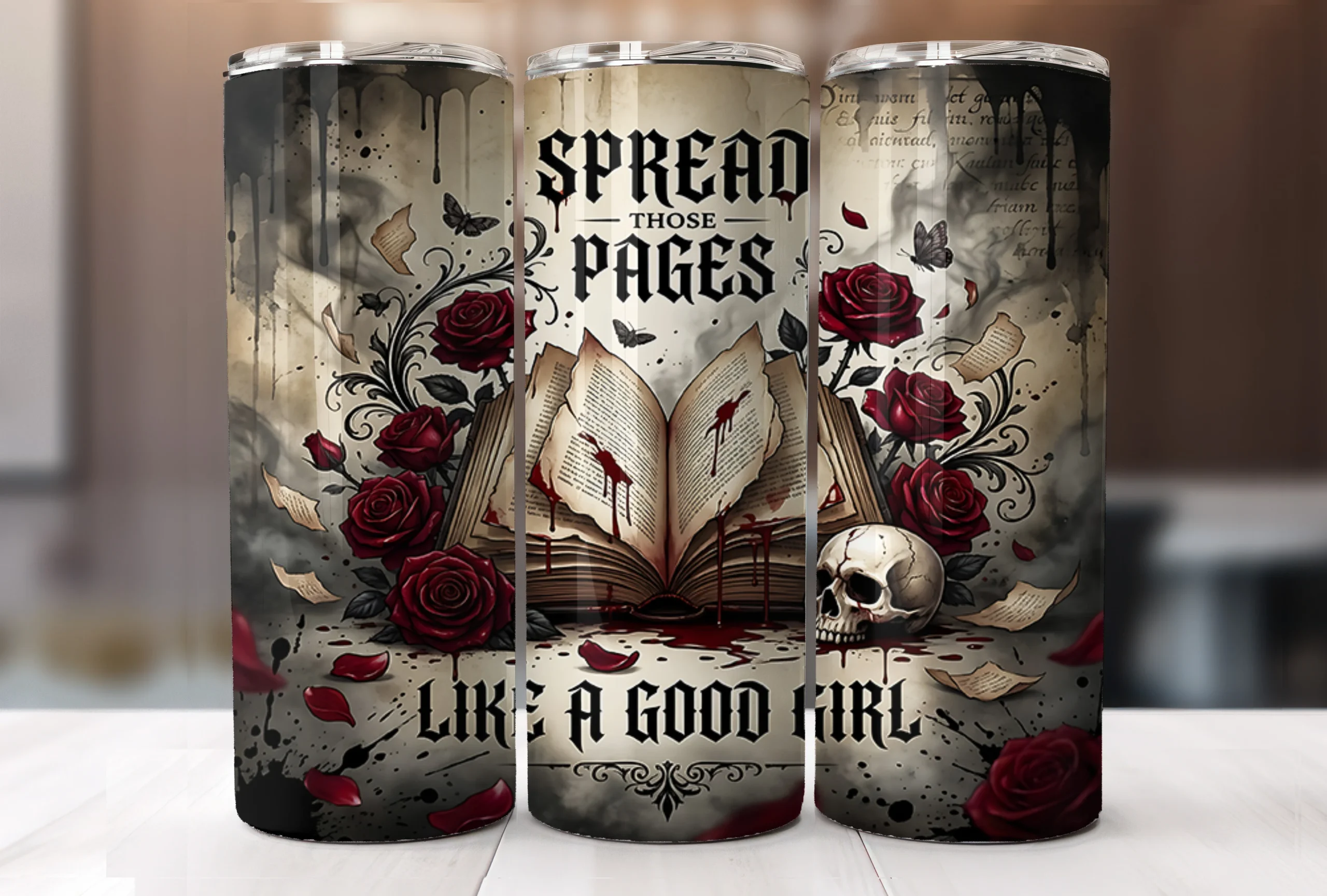 Gothic Romantasy Book Lover Tumbler Wrap featuring open book and red roses