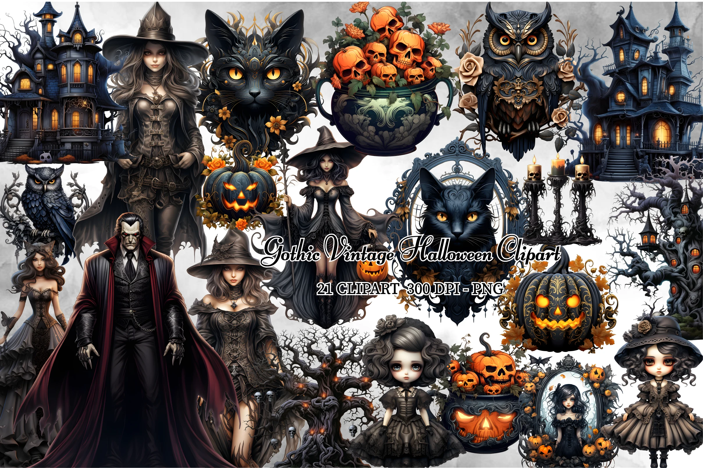Gothic Vintage Halloween Clipart Bundle featuring haunted house and witch