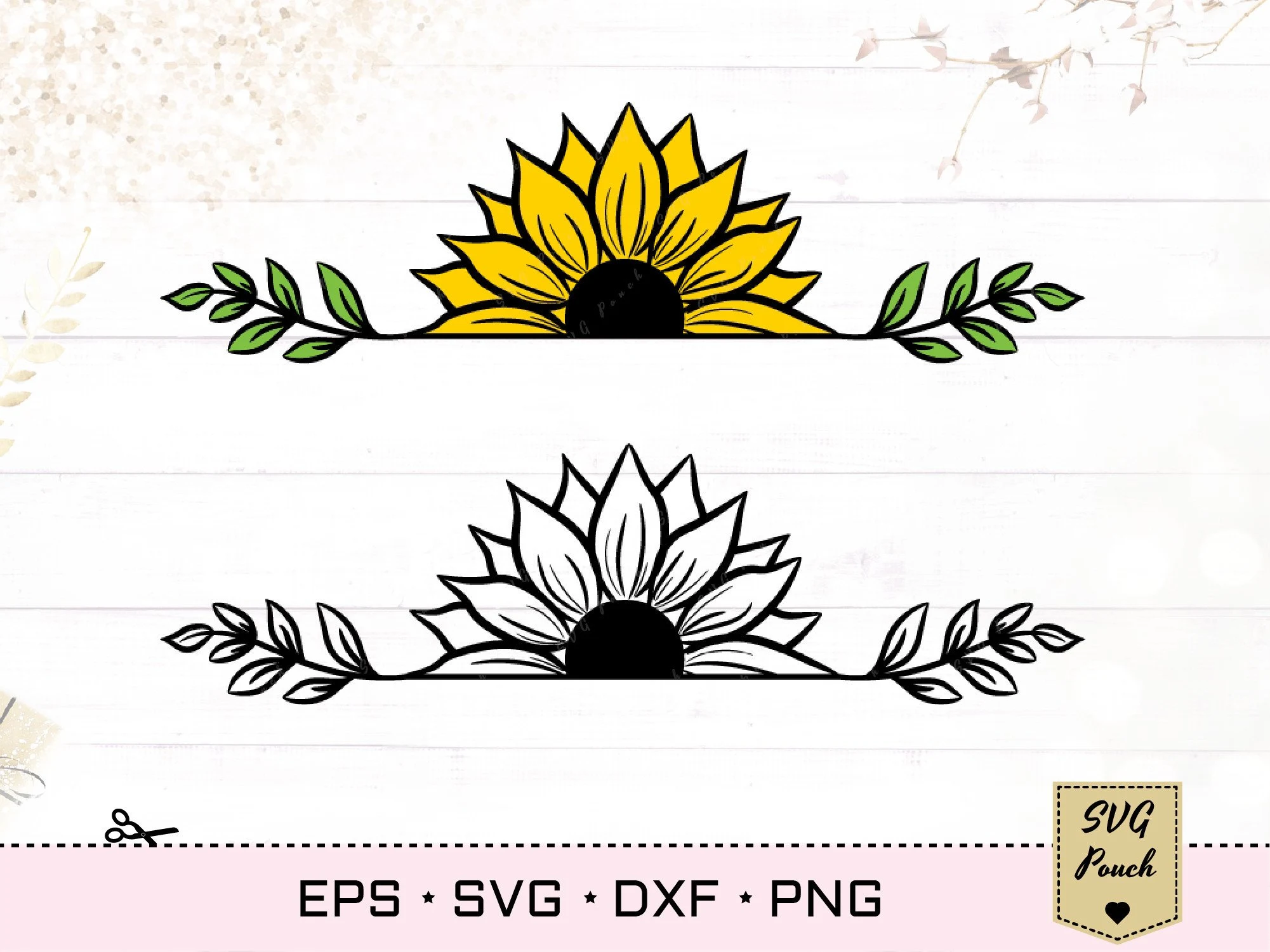 Half Sunflower SVG Border featuring sunflower and leaves