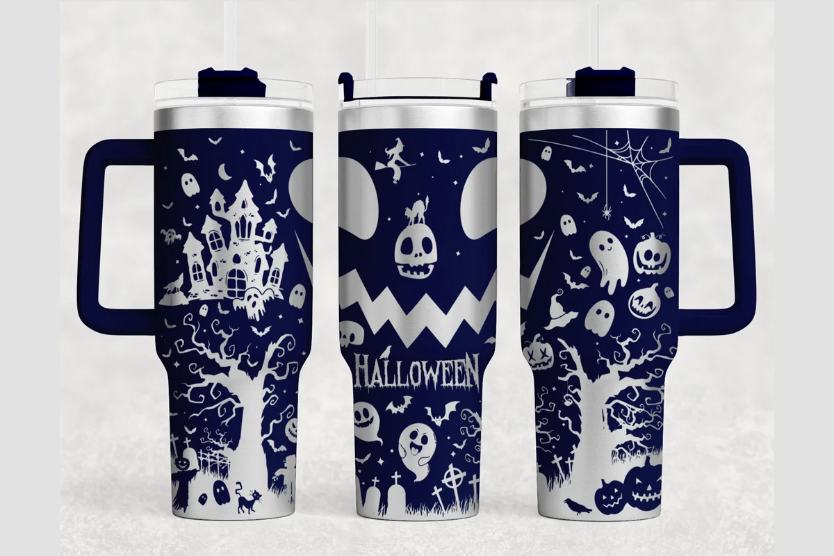 Halloween 40oz Laser Tumbler Wrap SVG preview showing Halloween motifs with composition