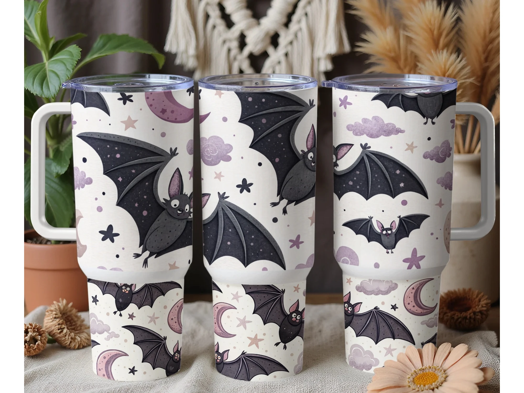 Halloween Bats 40oz Tumbler Wrap PNG featuring bats and moons
