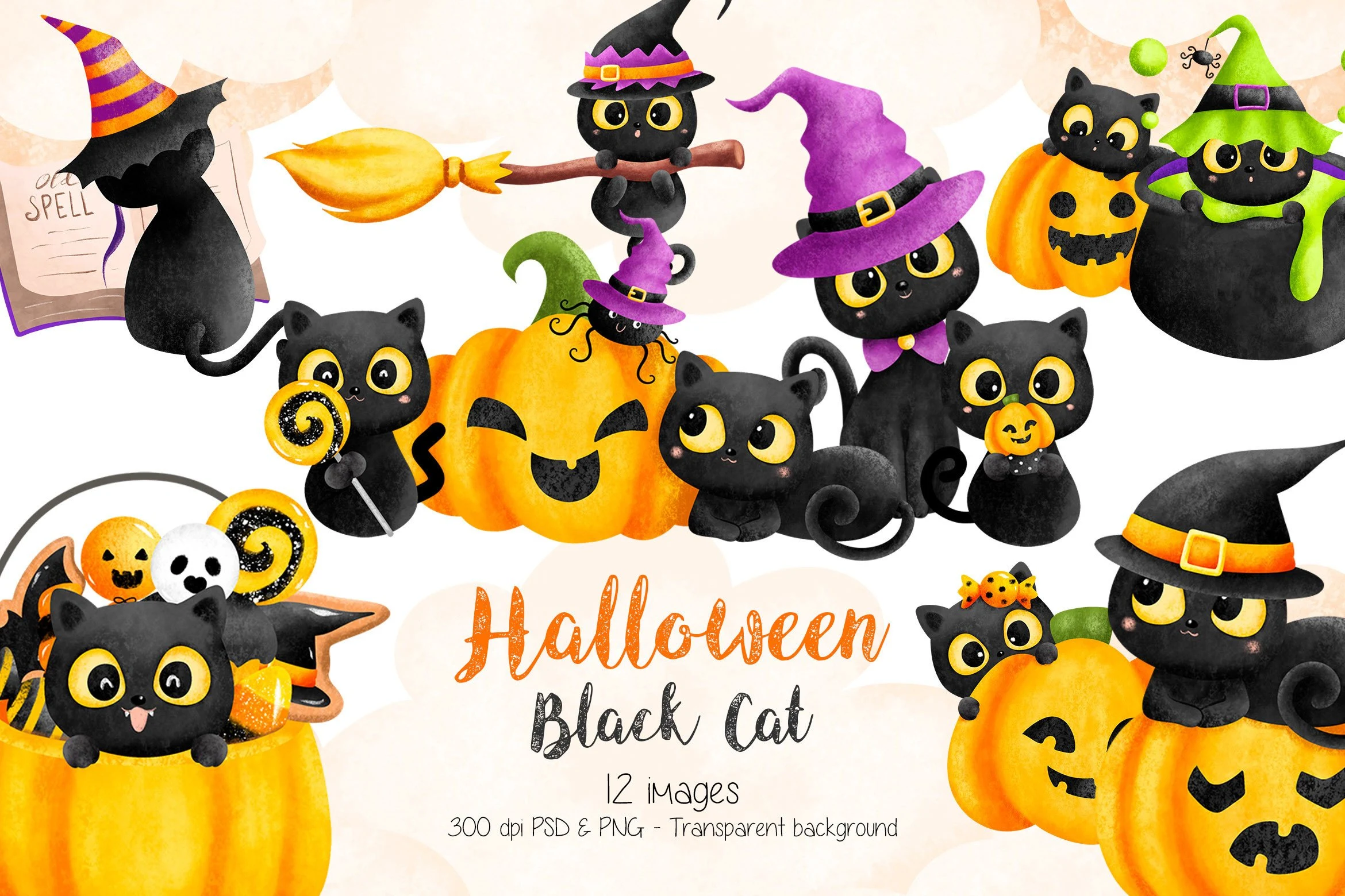 Halloween Black Cat Clipart preview showing cats with composition