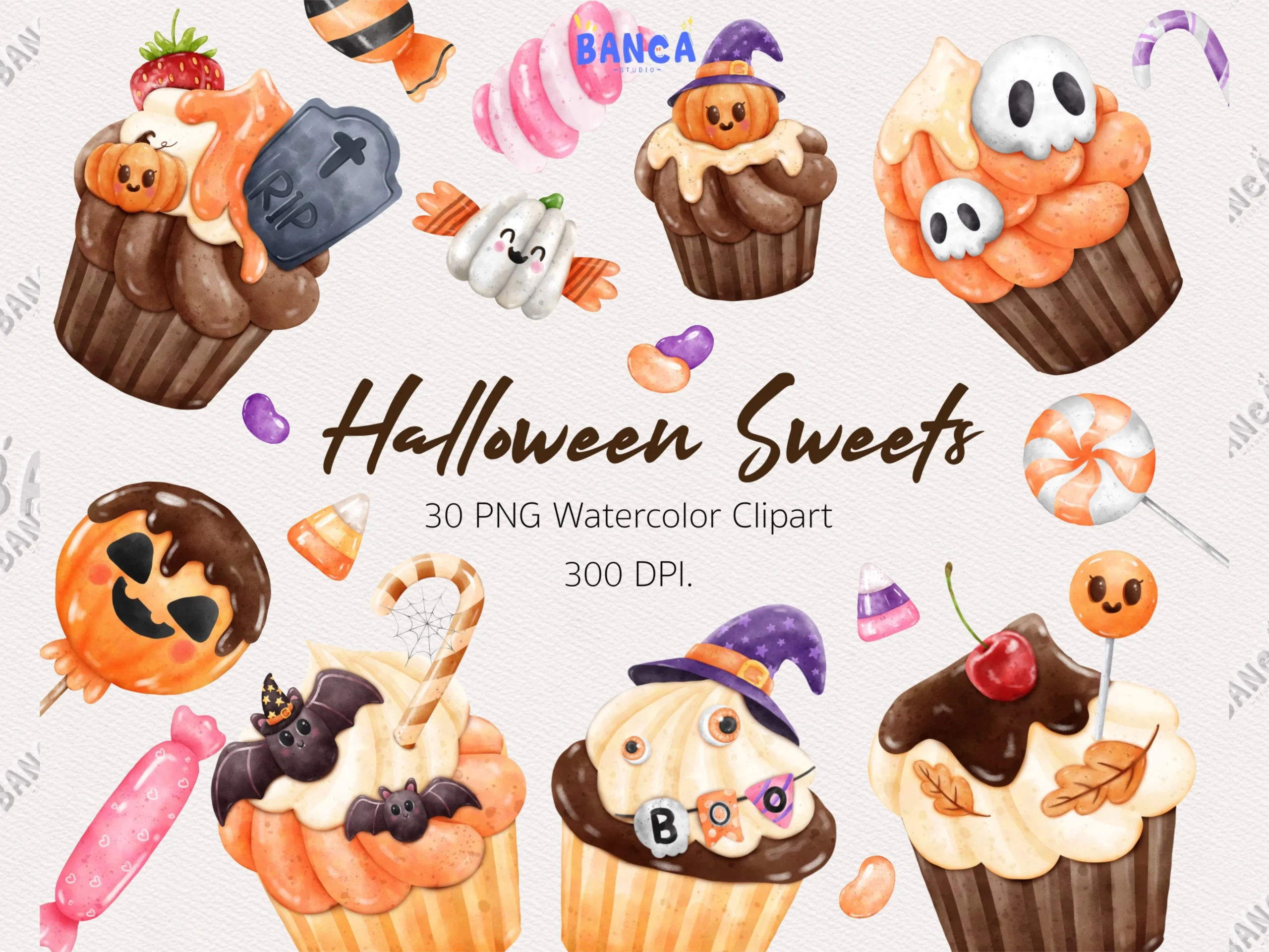 Halloween Candy Cake Clipart Watercolor featuring cupcakes and pumpkins