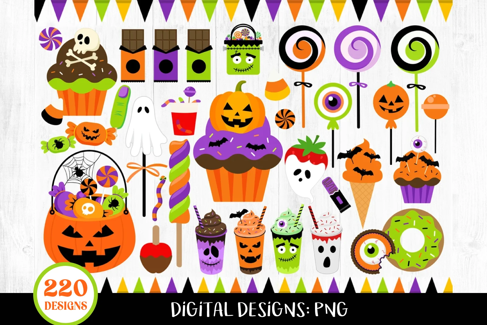 Halloween Candy Clipart Bundle featuring Halloween themed sweets and jack-o'-lanterns