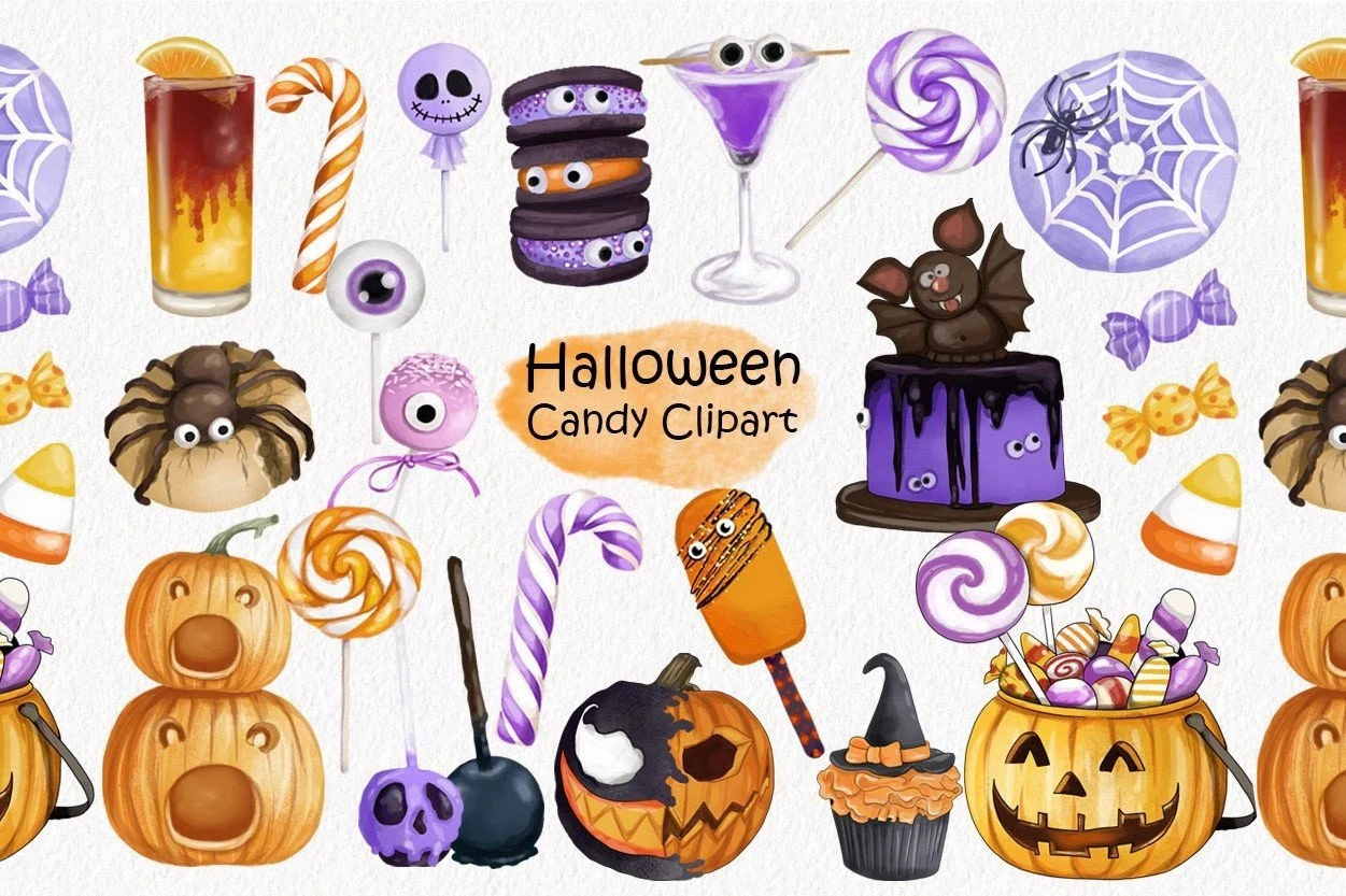 Halloween Candy Clipart PNG Files featuring Halloween themed sweets and pumpkins