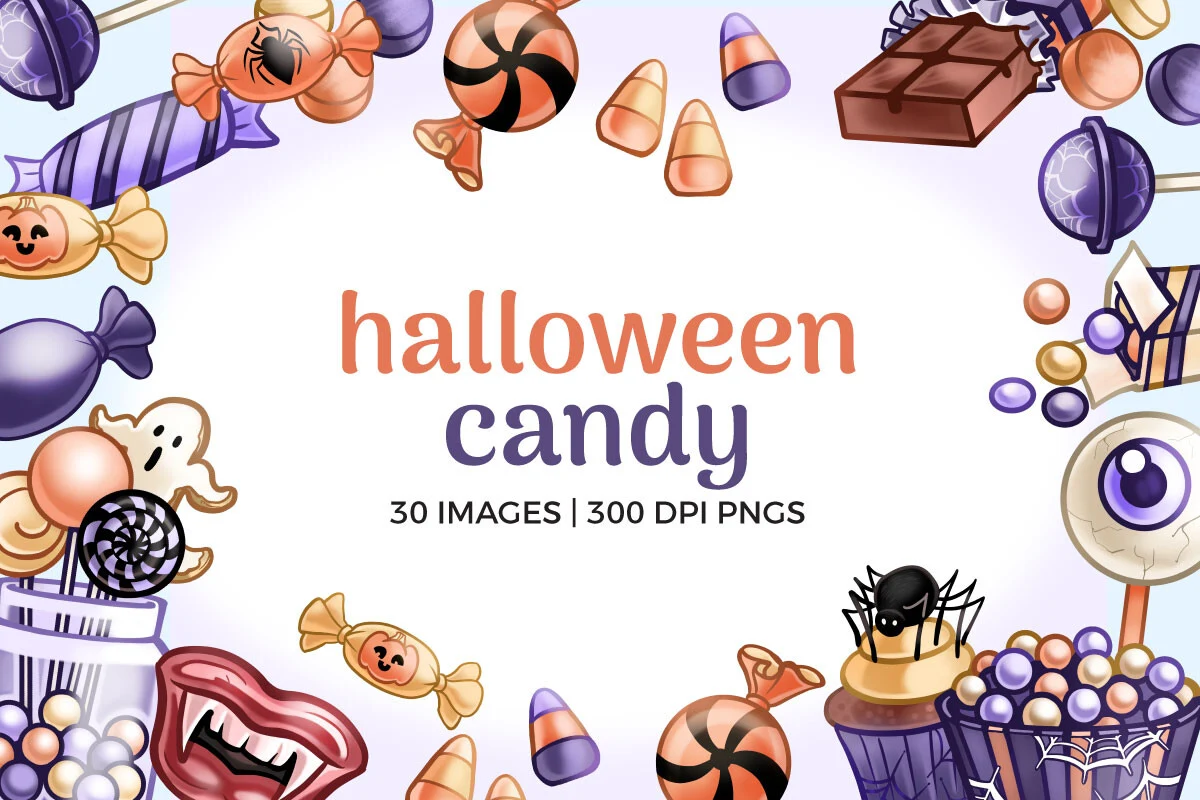 halloween candy clipart collection featuring an assortment of illustrated Halloween sweets, treats, and spooky candy items arranged in a decorative frame layout.