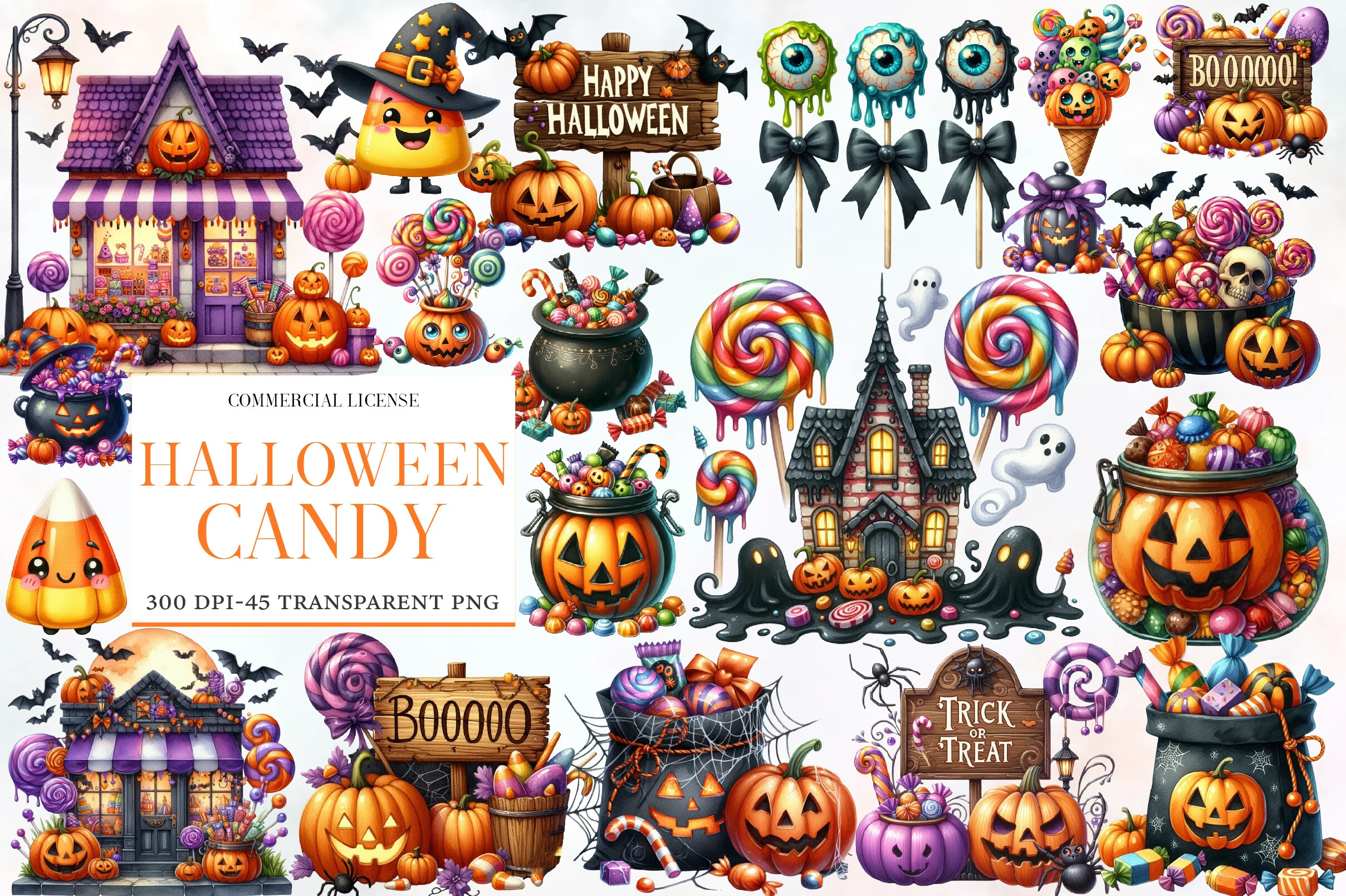 Halloween Candy clipart bundle featuring illustrations of Jack-o'-lanterns, haunted houses, cauldrons filled with candy, ghosts, and signs with Halloween text on a white background.