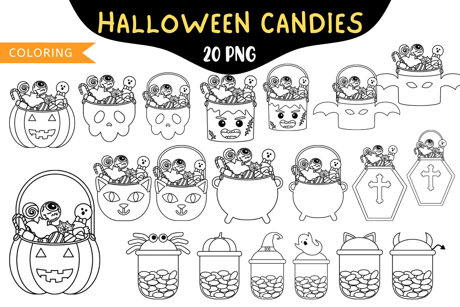 Halloween Candy Digital Stamps Coloring featuring Halloween candy baskets and jack-o'-lanterns
