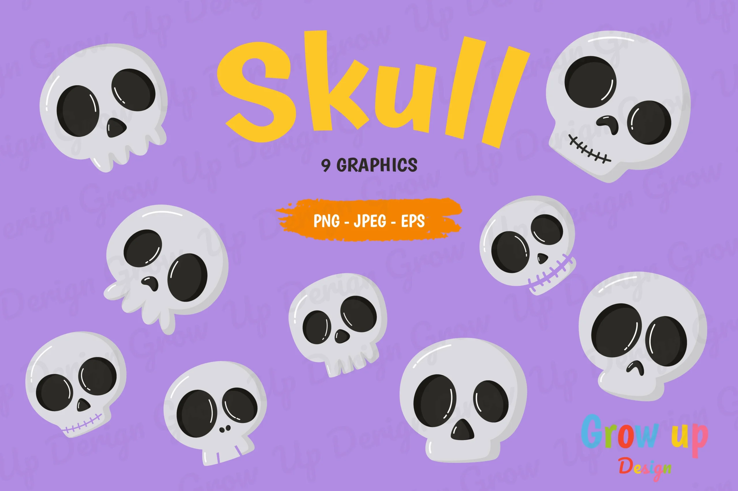 Halloween Cartoon Skull Clipart Set. preview showing Halloween motifs with composition