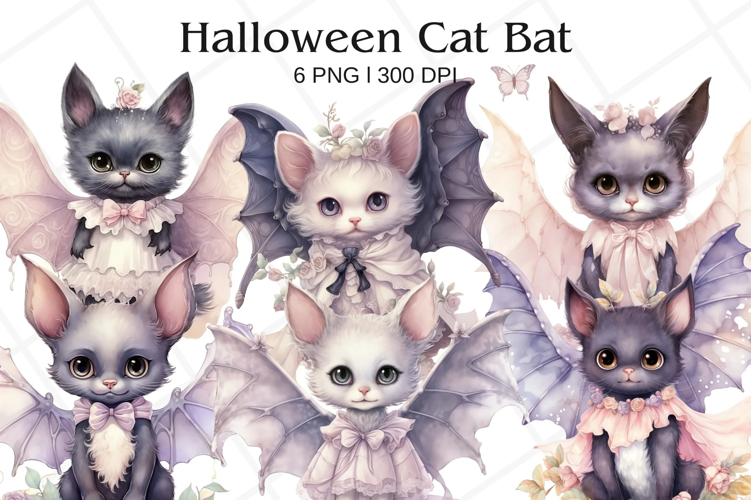 Halloween Cat Bat Watercolor Clipart featuring cat and bat