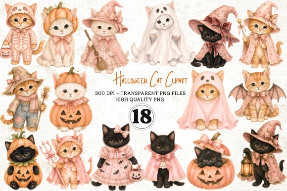 Halloween Cat Clipart PNG preview showing cats with composition