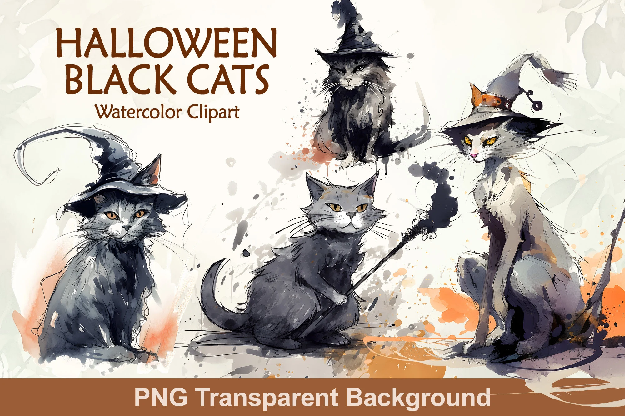 Halloween Cat Clipart featuring black cats and witch hats