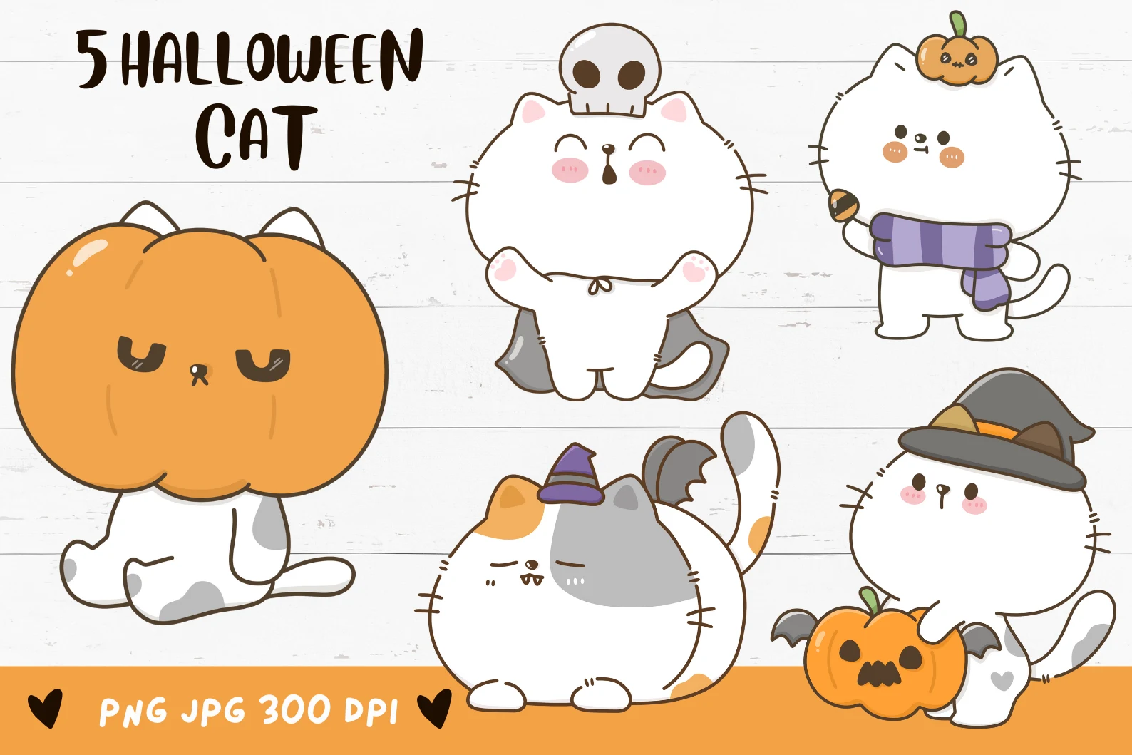Halloween Cat Clipart. Spooky Cat Kawaii preview showing cats with friendly character styling