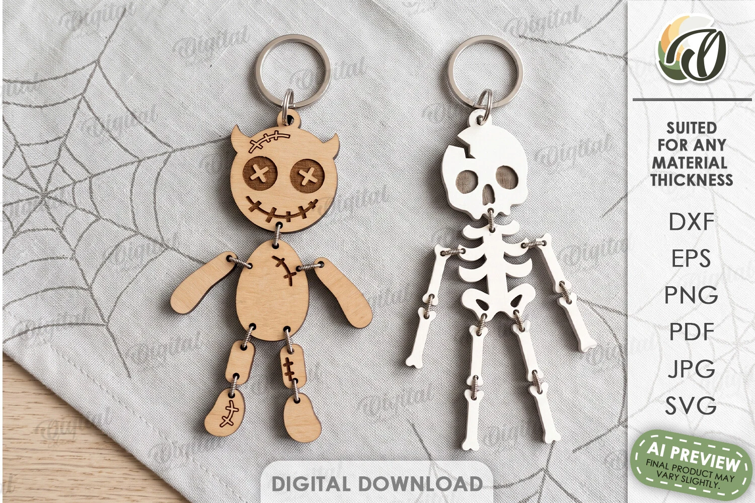 Halloween Characters Keychains Laser Cut featuring voodoo doll and skeleton