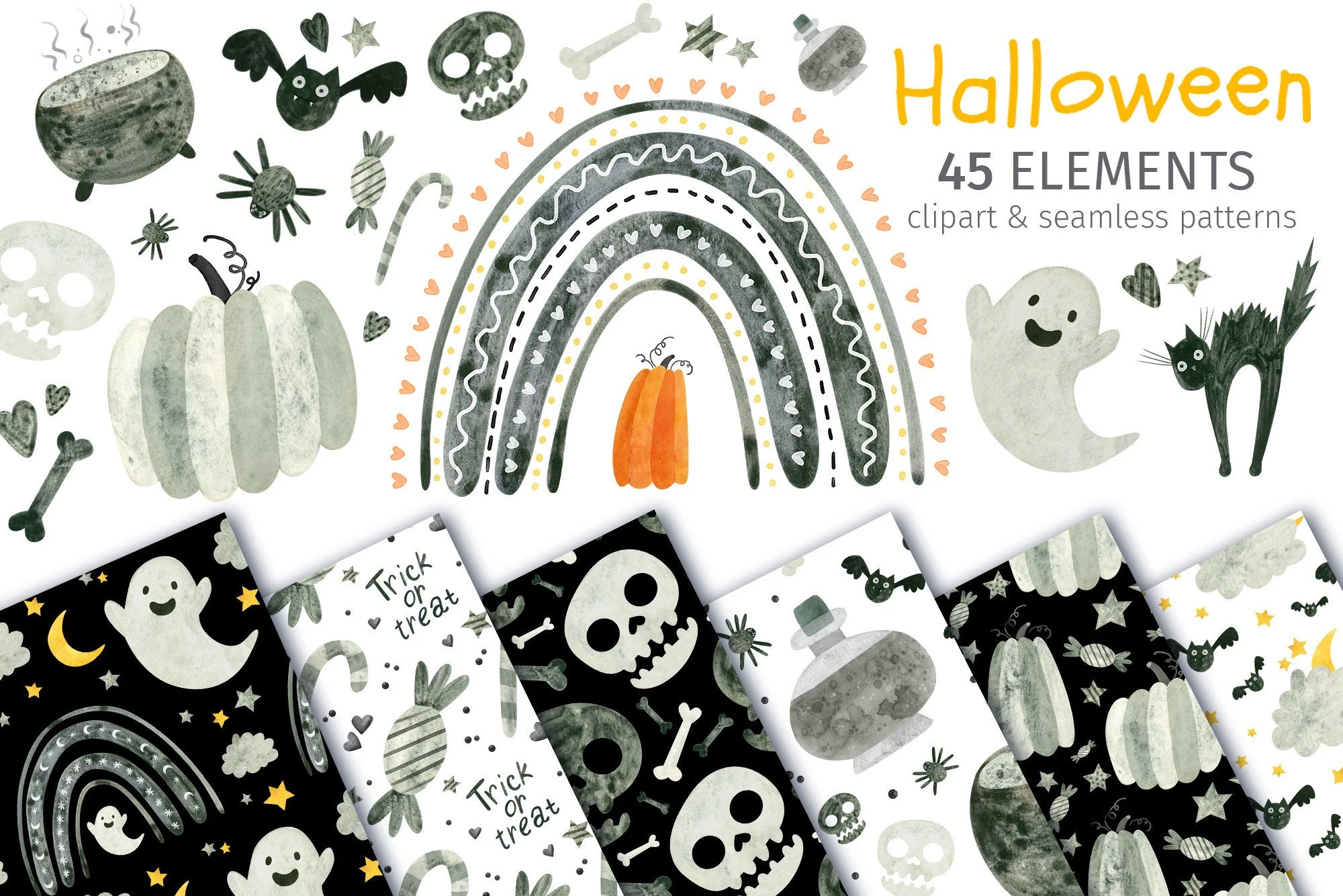 Halloween Clipart, Rainbows & Patterns featuring ghost and skull