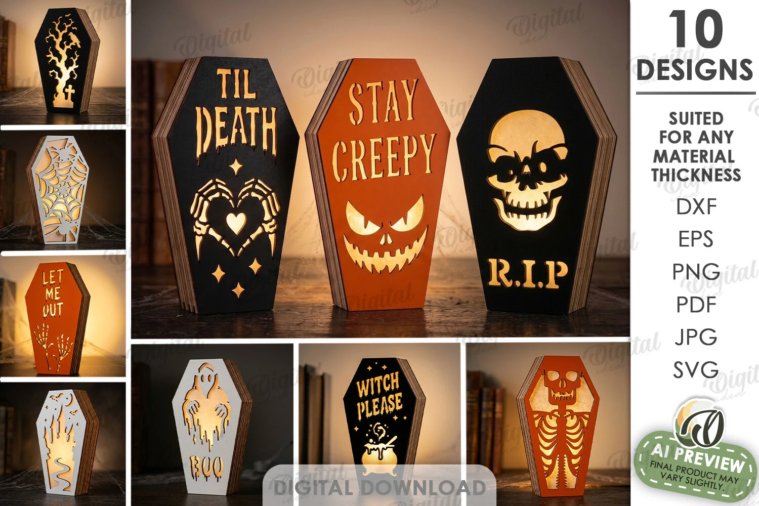 Halloween Coffins Led Lamps Bundle Laser preview showing Halloween motifs with silhouette