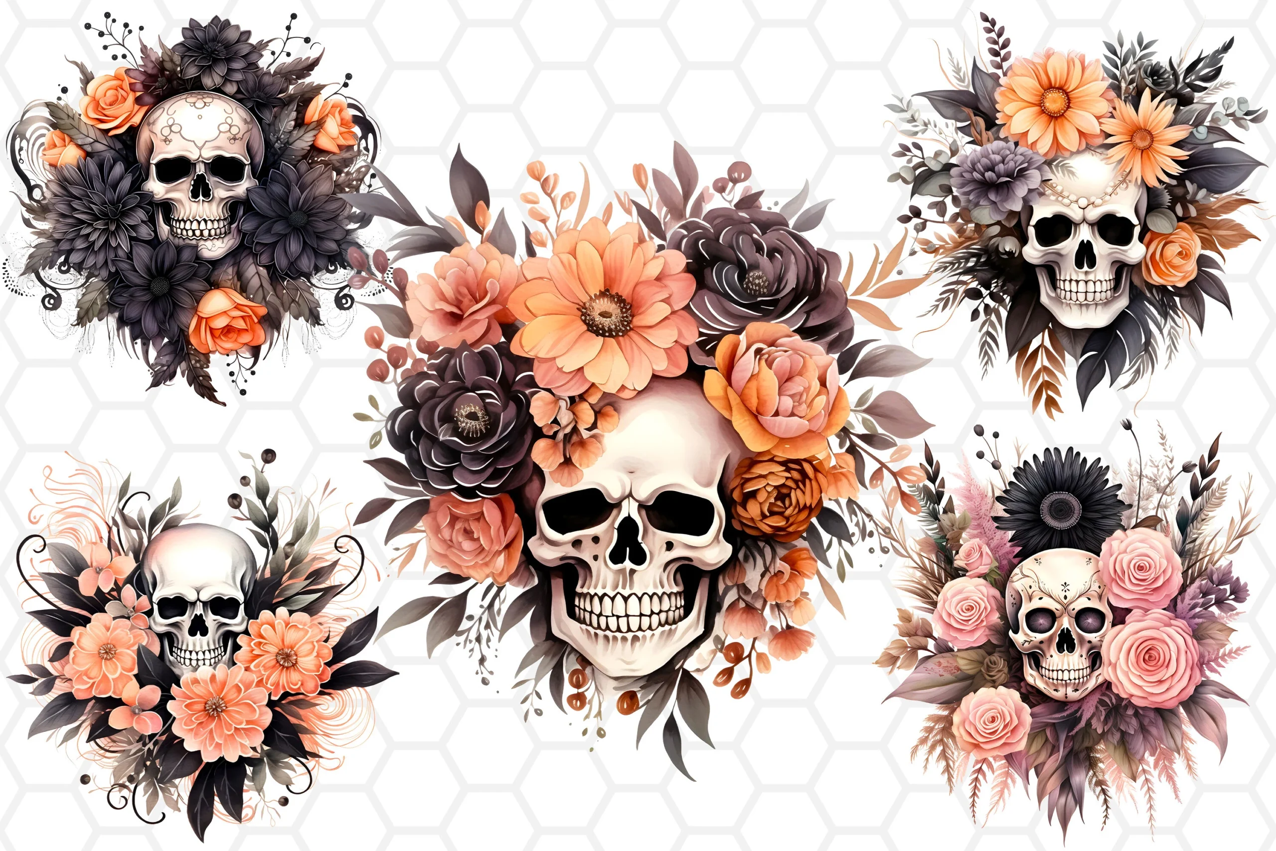 Halloween Floral Skull Bouquet Clipart featuring human skull and flower