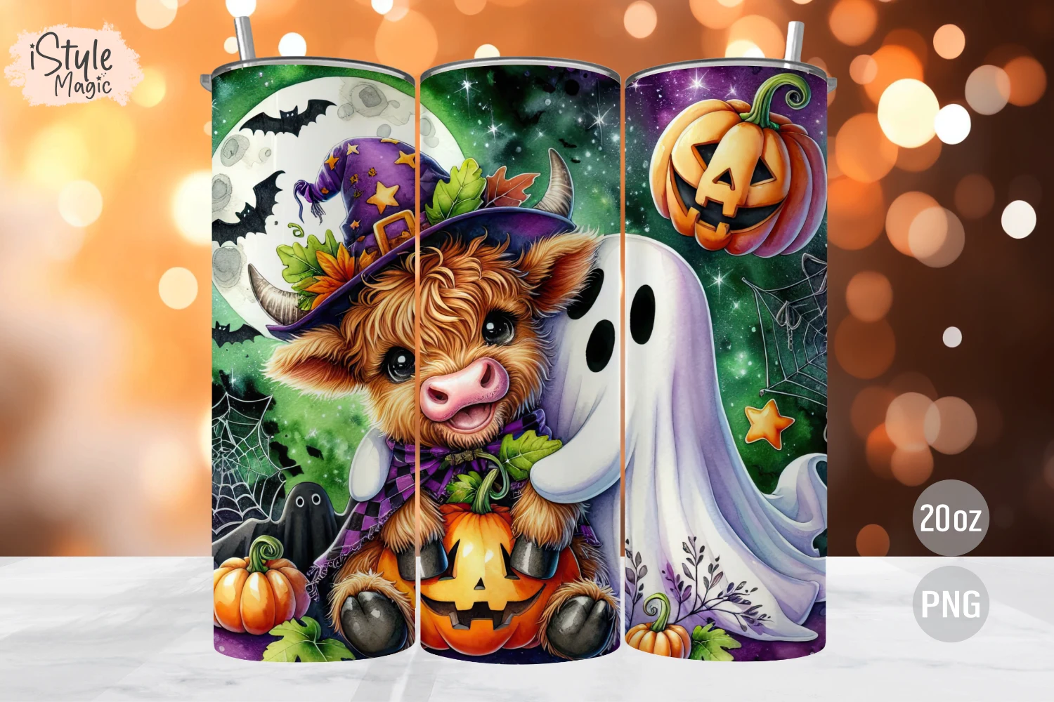 Halloween Highland Cow Tumbler Wrap PNG featuring highland cow and ghost