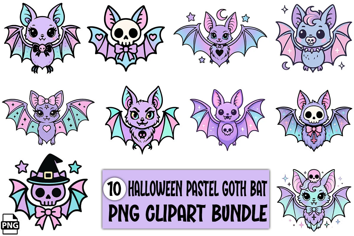 Halloween Pastel Goth Bat PNG Bundle clipart design preview