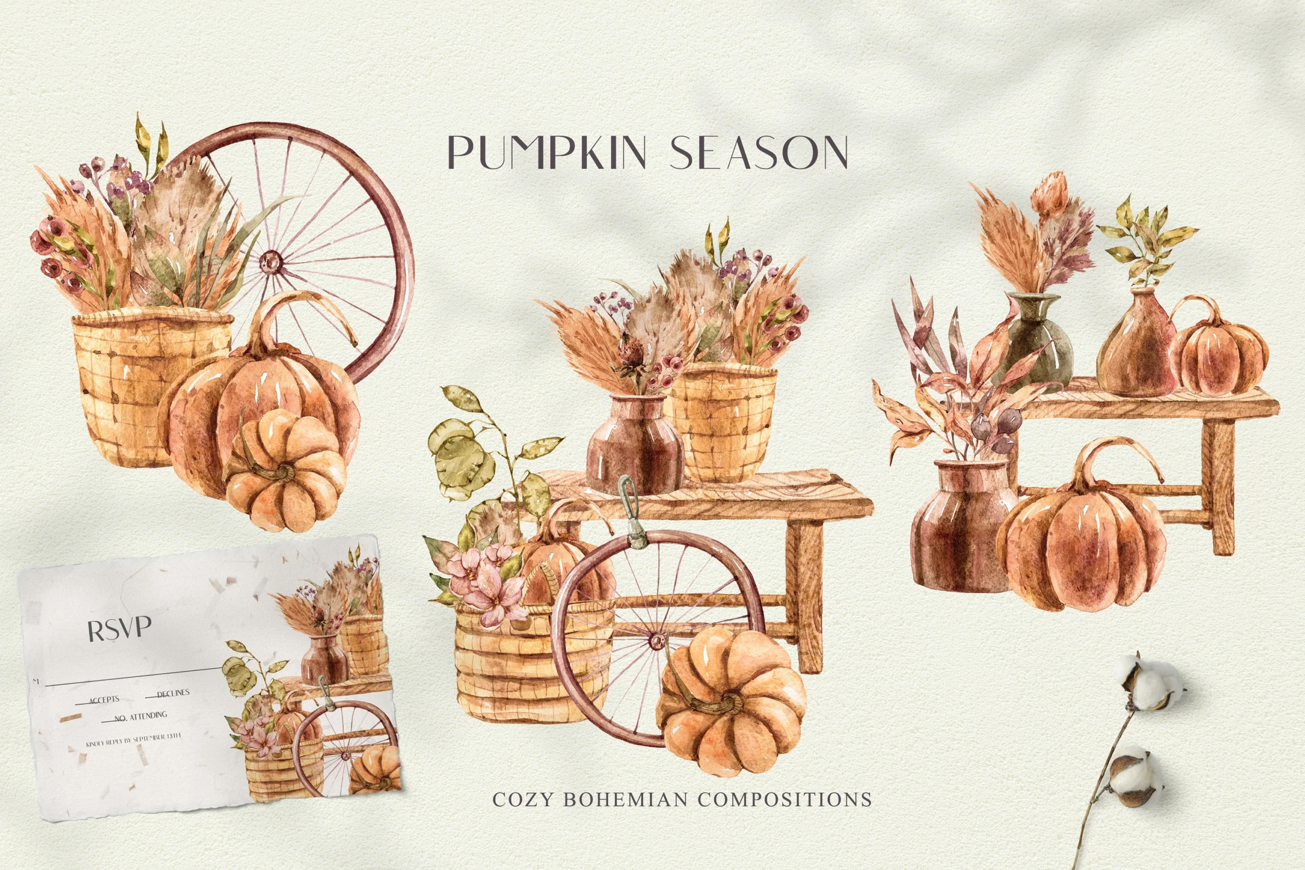 Halloween Pumpkin Clipart- 5 Png Files featuring pumpkins and wicker baskets