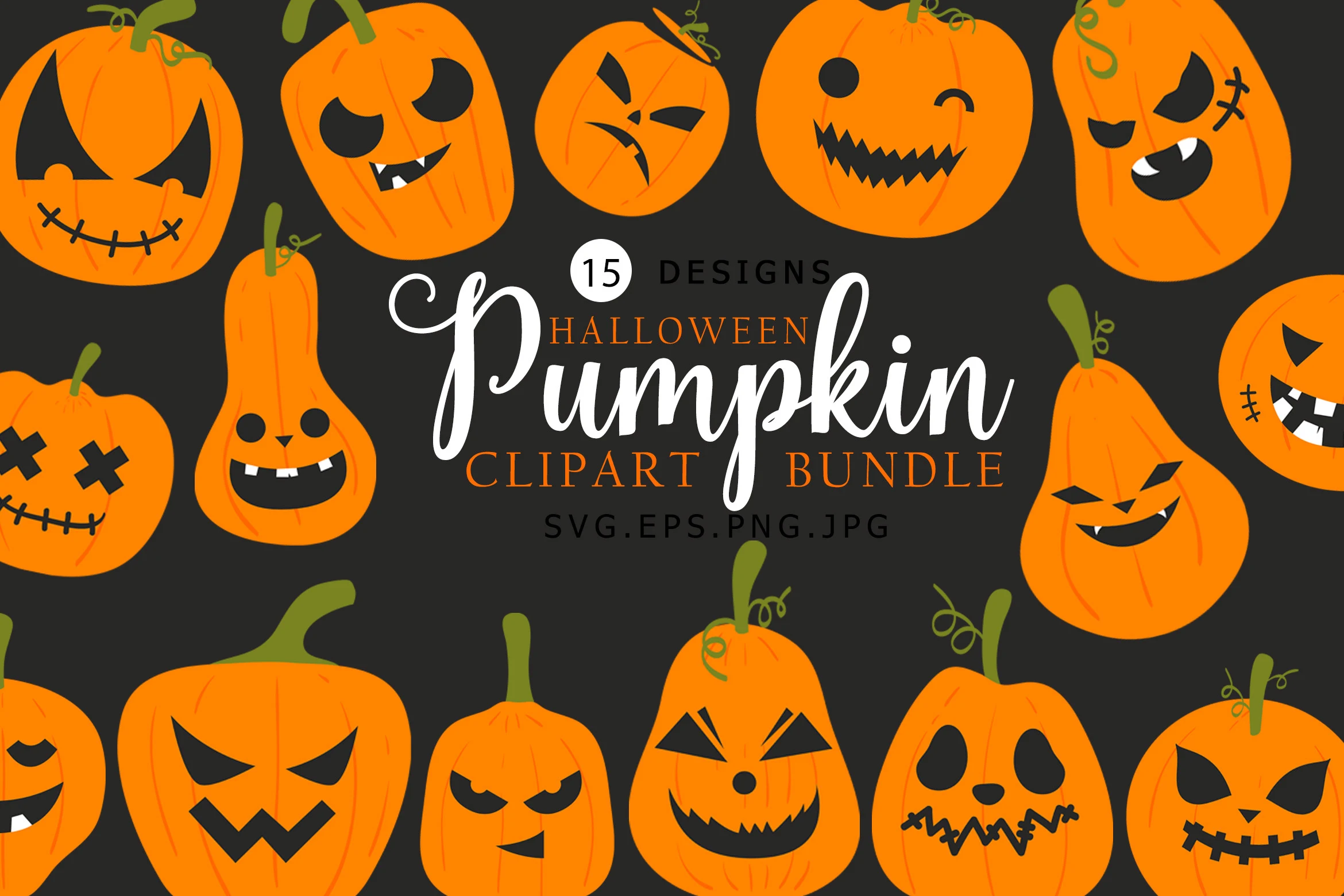 Halloween Pumpkin Clipart Bundle featuring 15 individual jack-o'-lantern illustrations with diverse carved expressions and varying gourd shapes.