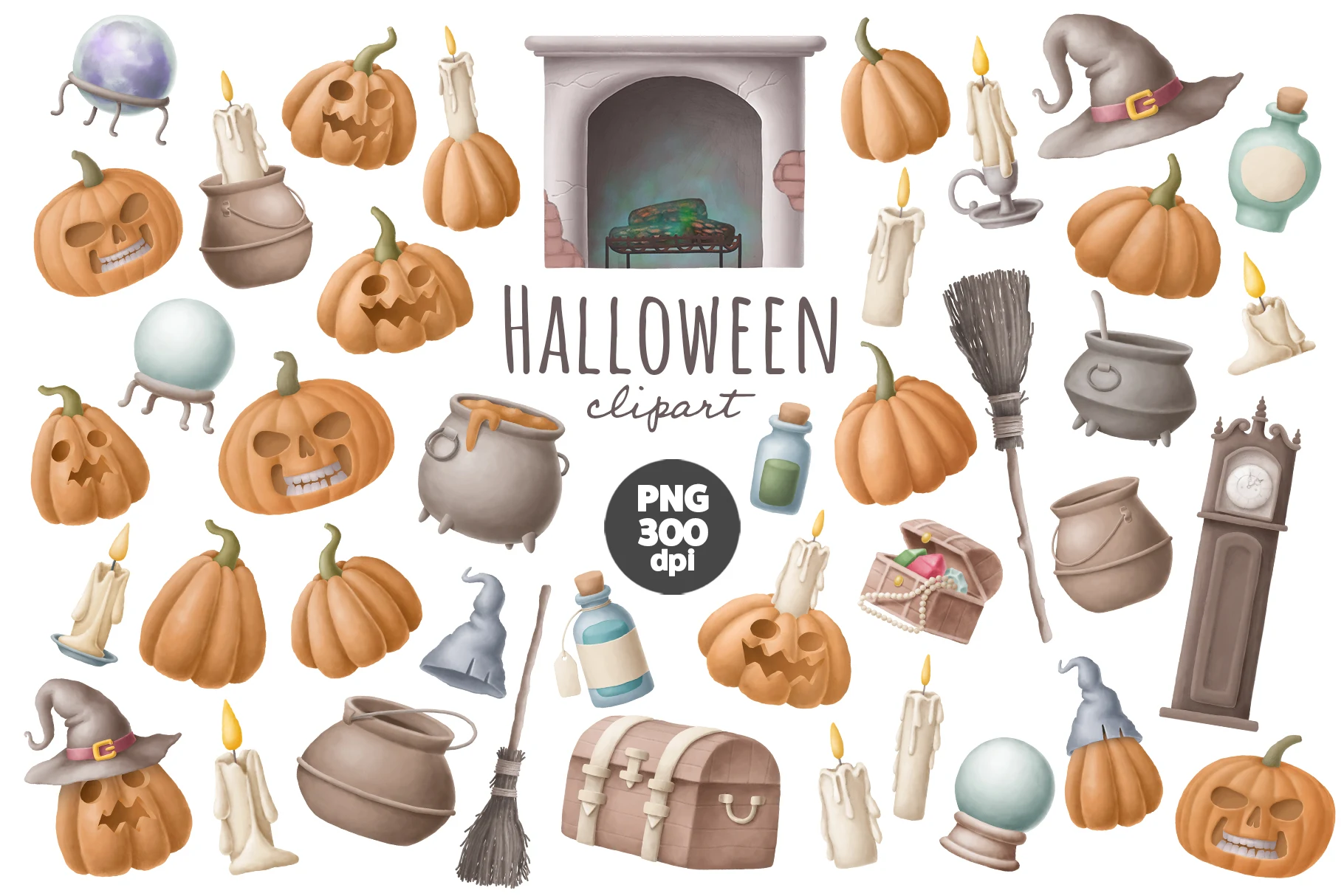 Halloween Pumpkin Clipart featuring jack-o'-lanterns and witches' cauldrons