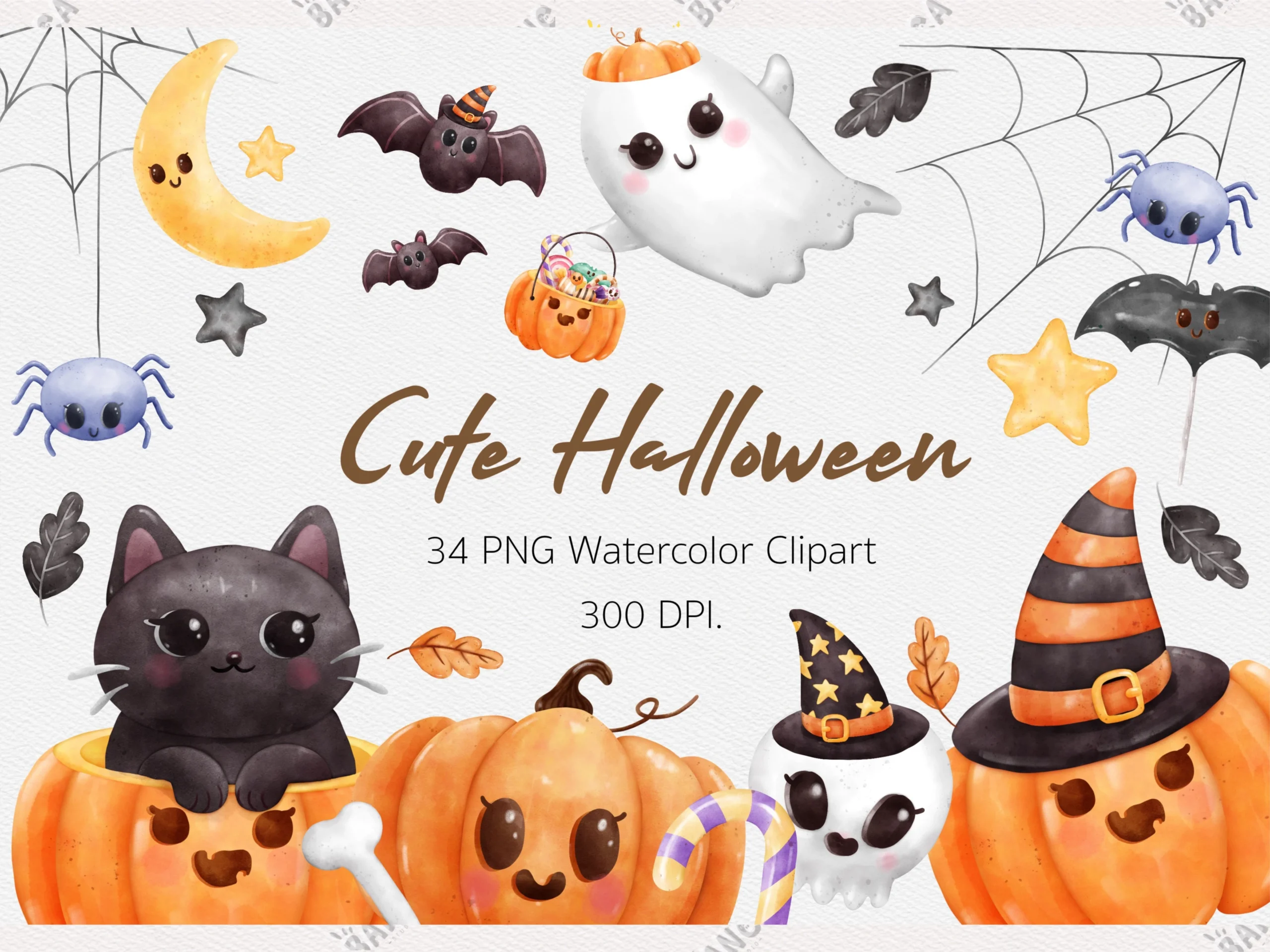 Halloween Pumpkin Clipart Watercolor PNG featuring ghost and black cat