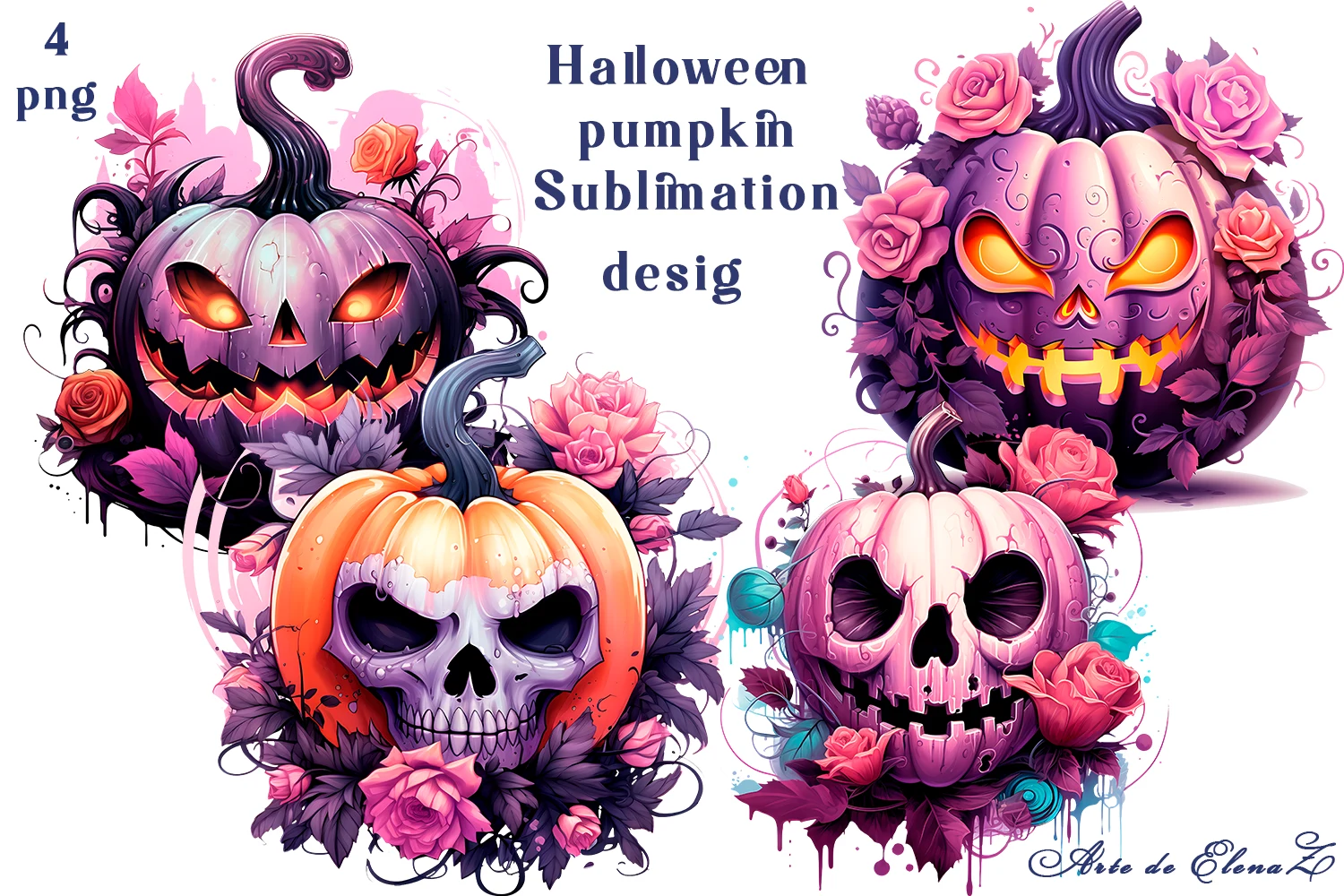 Halloween Pumpkin Jack-o-lanterns, Skull preview showing pumpkins with soft watercolor texture