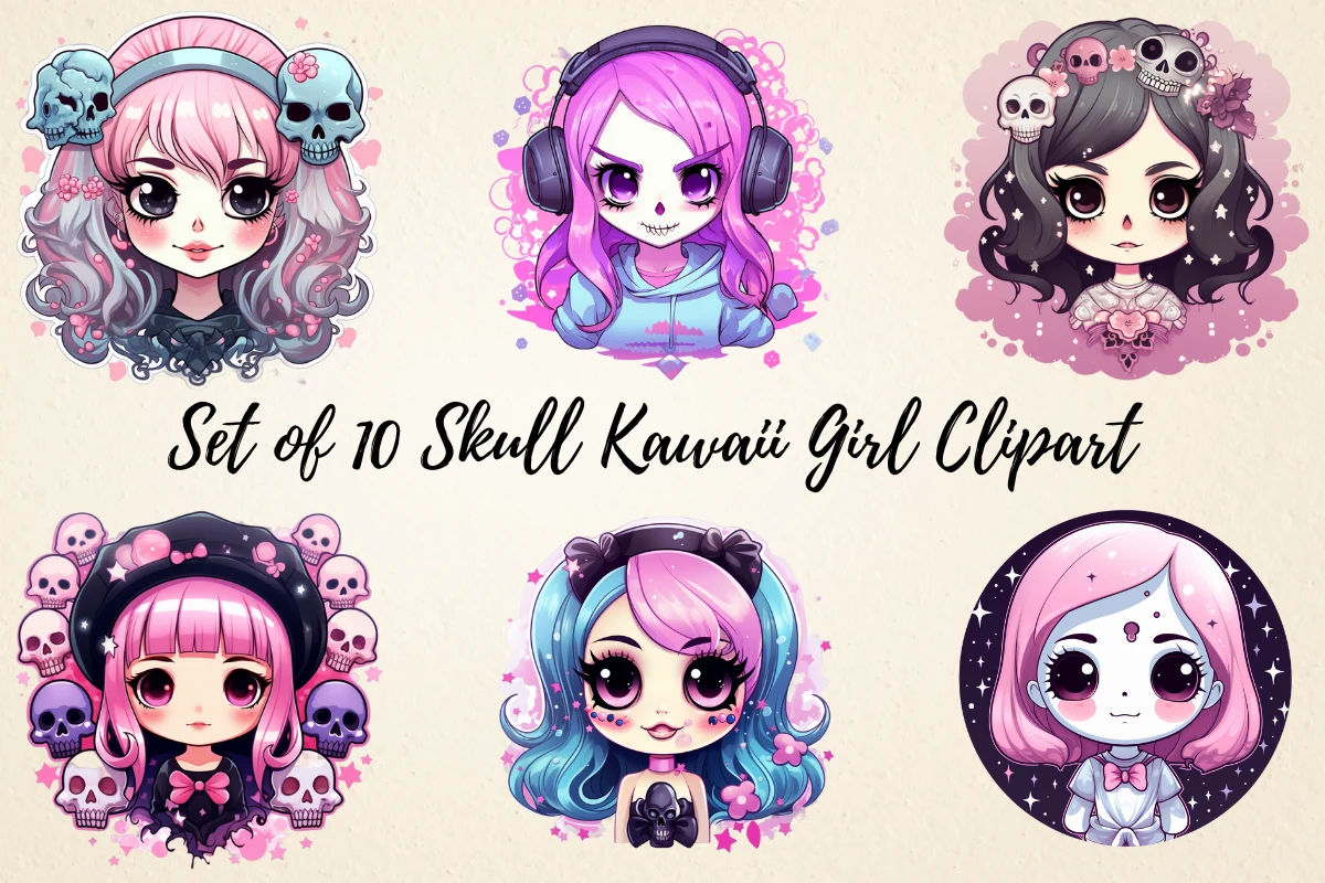 Halloween Skull Kawaii Girl Clipart preview showing Halloween motifs with friendly character styling