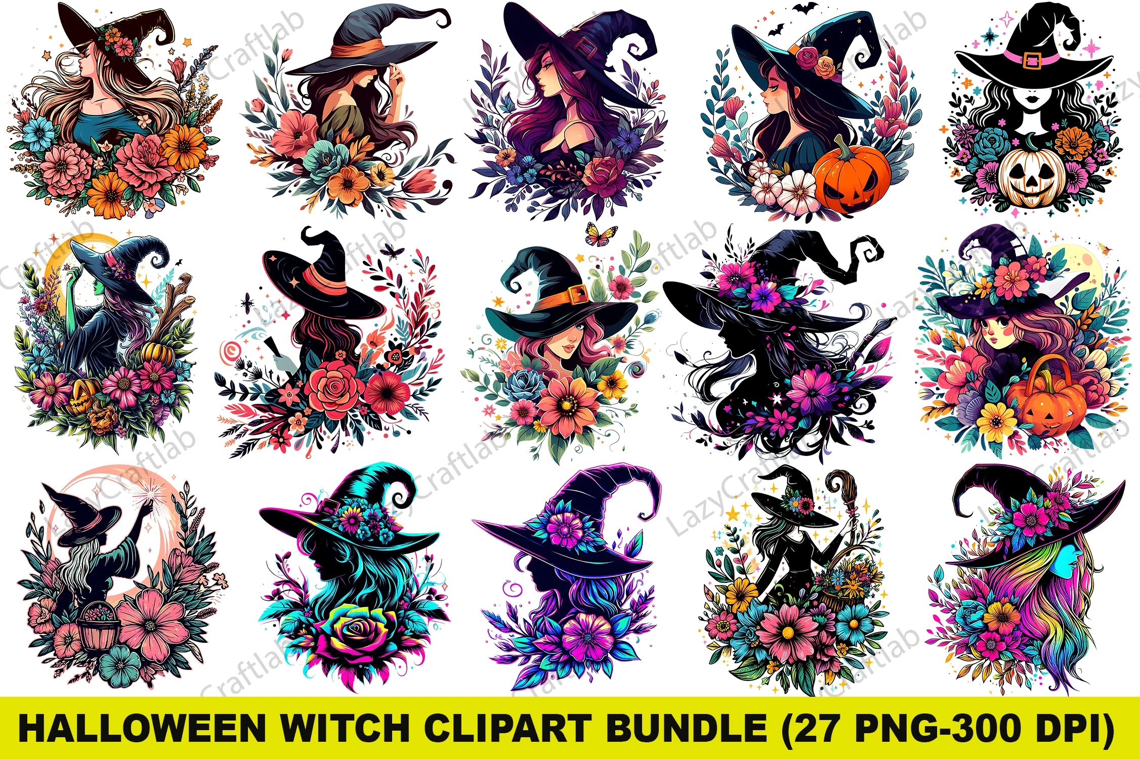 Halloween Witch Clipart Bundle 27 PNG featuring witch and flower