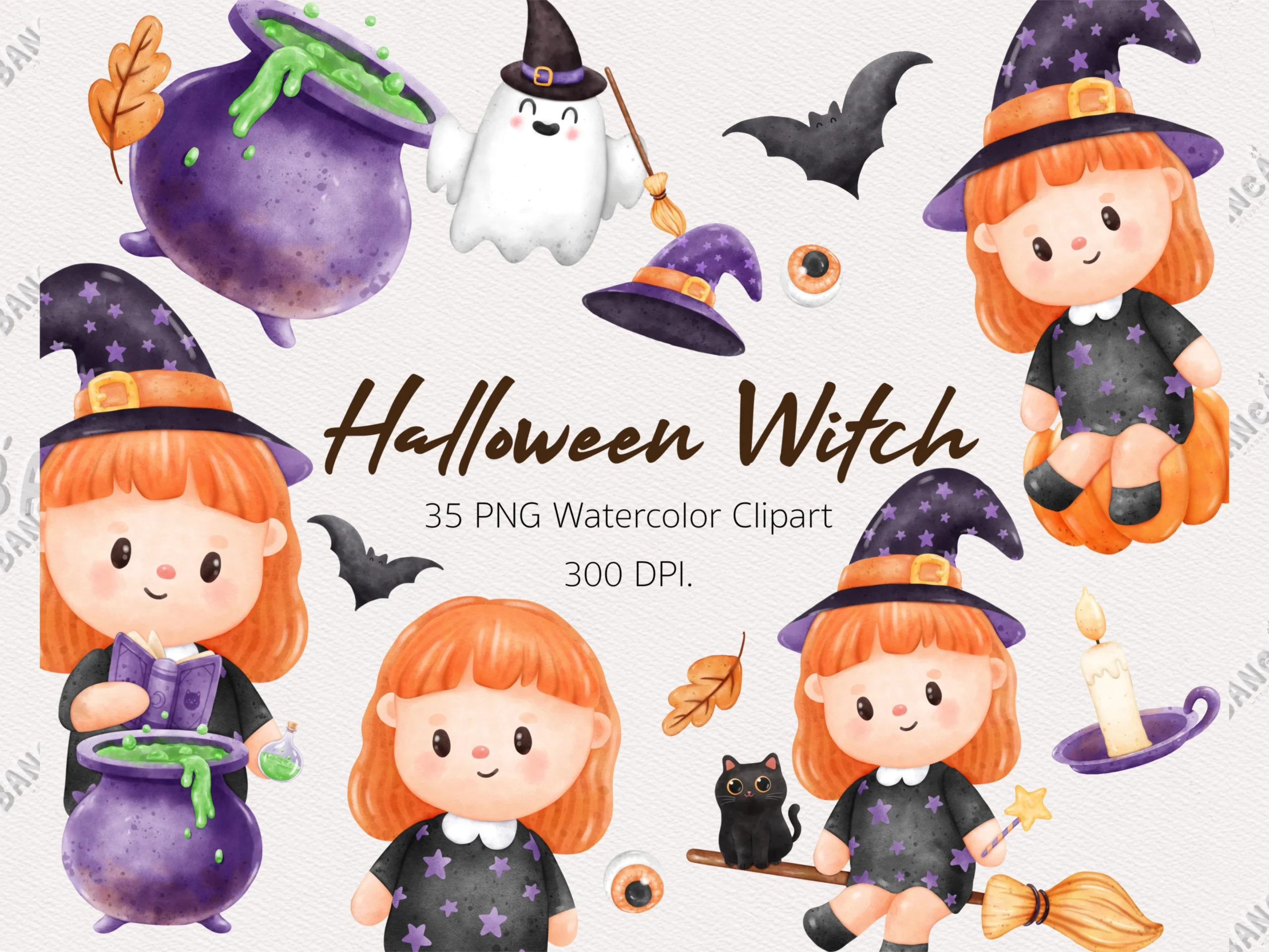 Halloween Witch Clipart PNG Watercolor featuring witch and cat