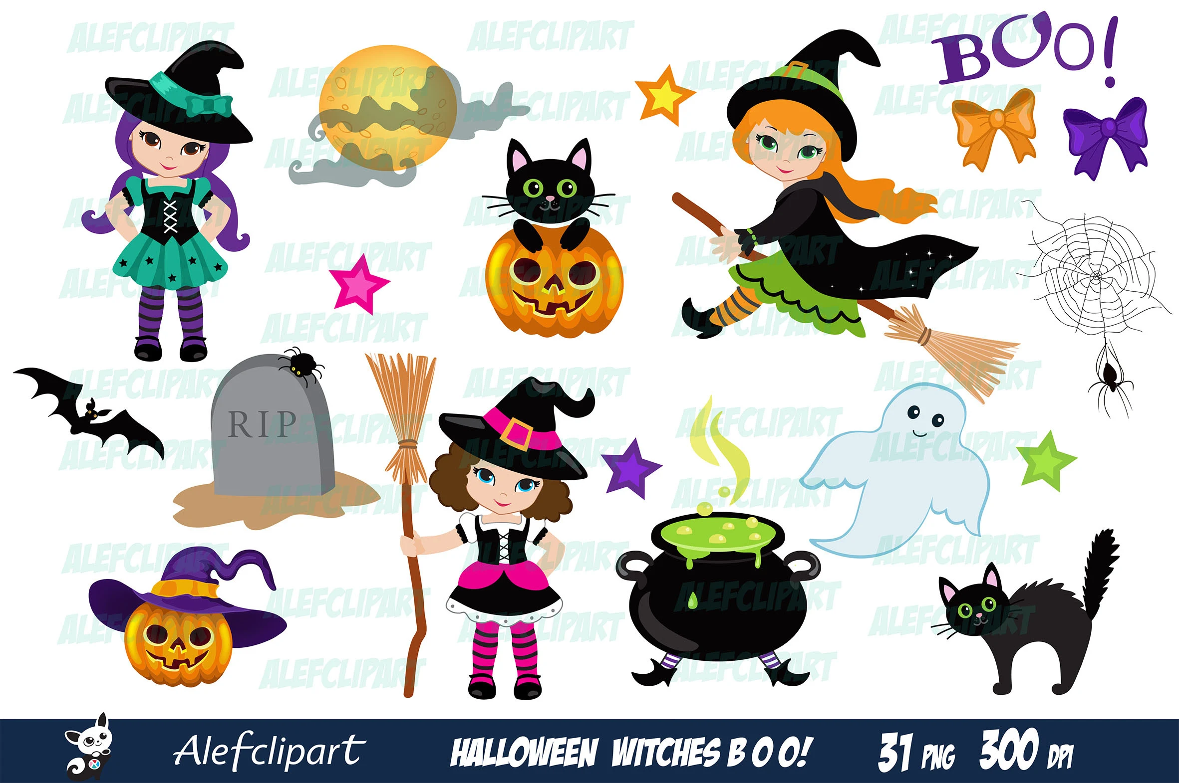 Halloween Witch Clipart, Witch Clipart featuring witches and black cats