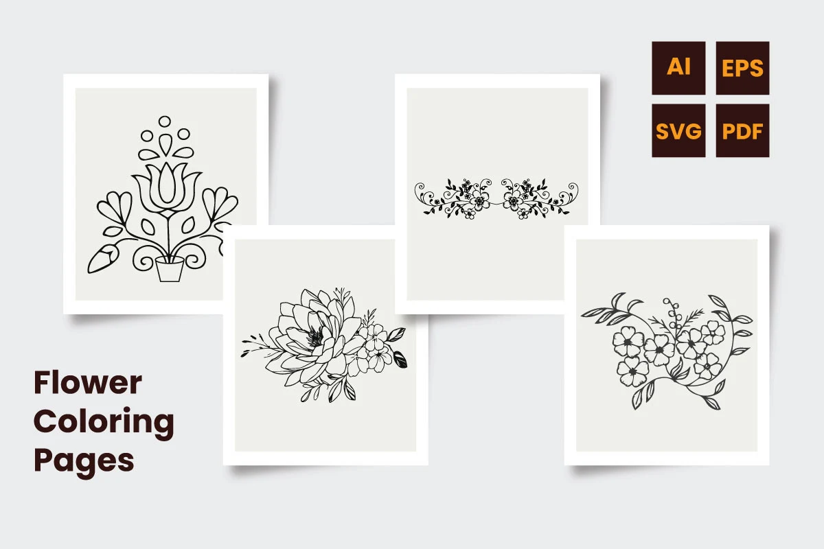 Hand Drawn Flower Coloring Pages Bundle featuring flowers and botanical stems