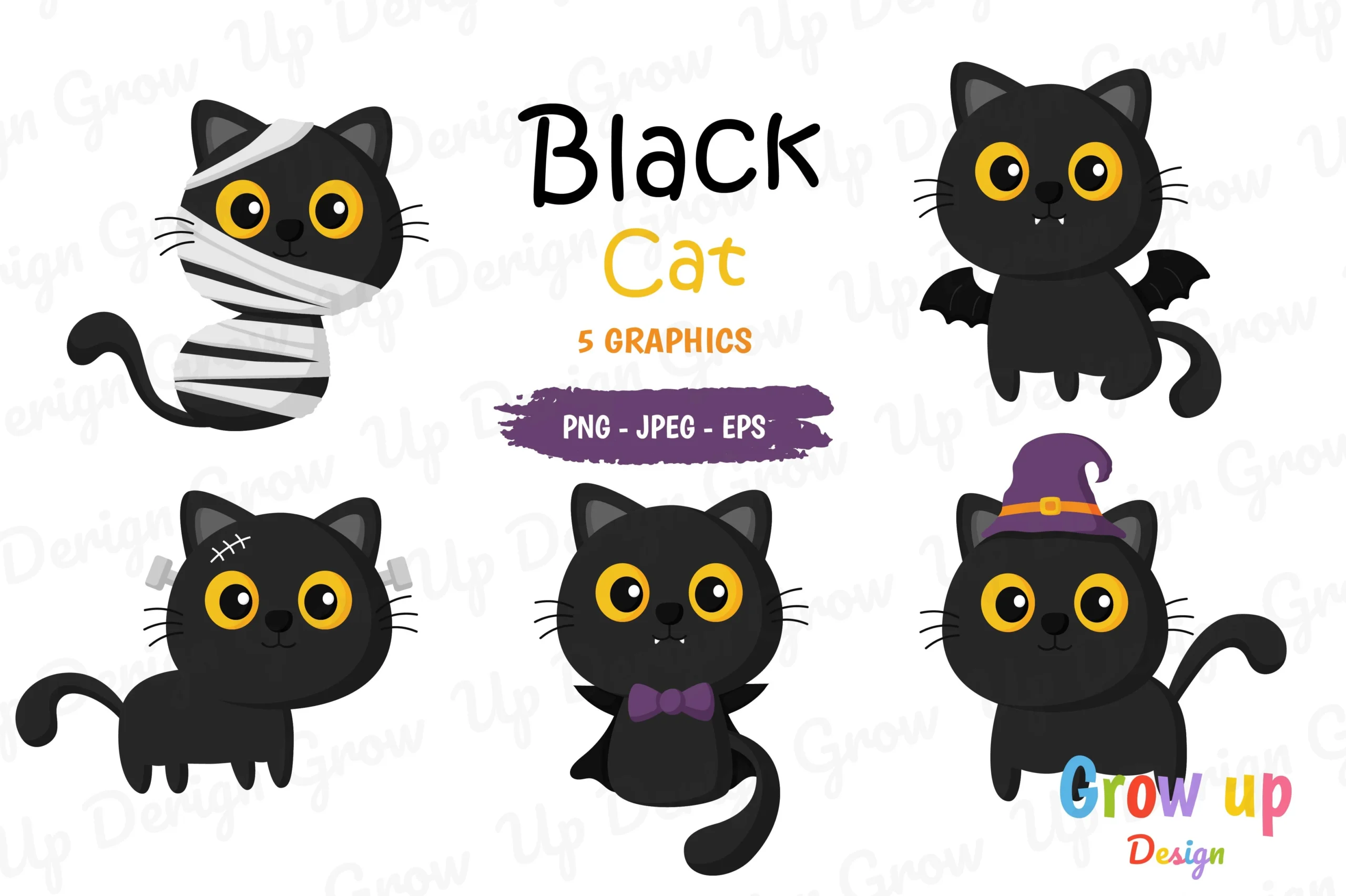 Happy Halloween Black Cat Clipart Set. preview showing cats with composition