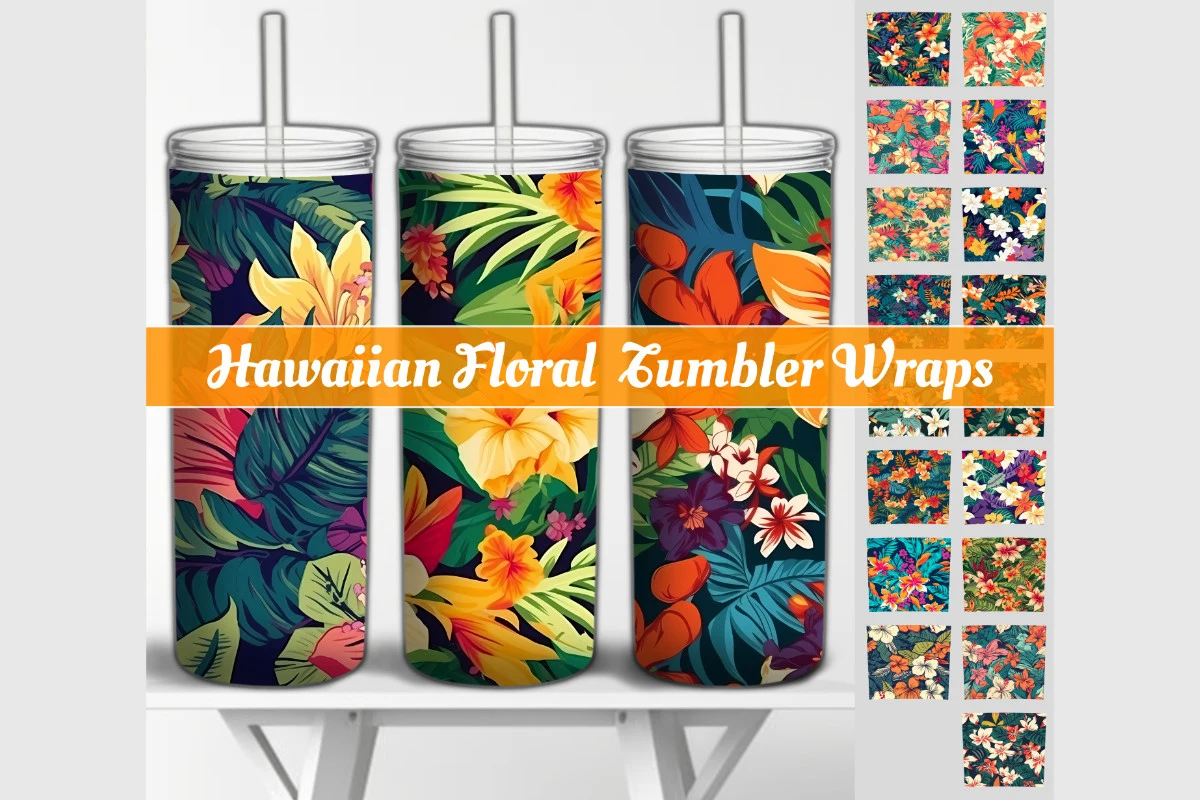 Hawaiian Floral Tumbler Wraps Bundle preview showing botanical motifs with repeat-based layout