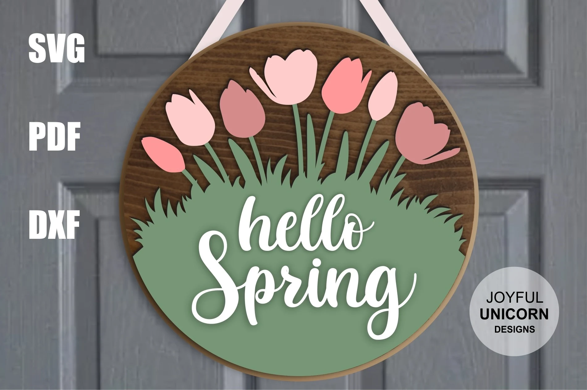 Hello Spring Sign | Tulip Door Hanger featuring tulips and grass