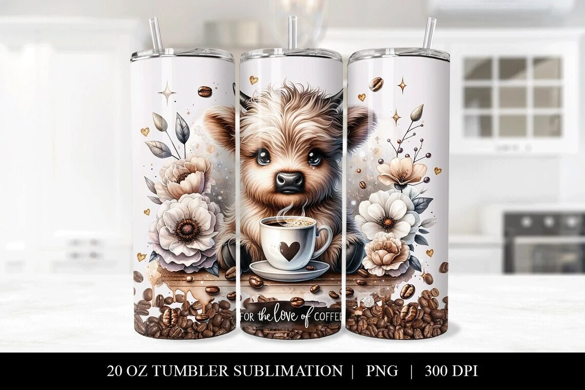 Highland Cow Coffee Seamless Tumbler PNG featuring Highland cow and coffee cup