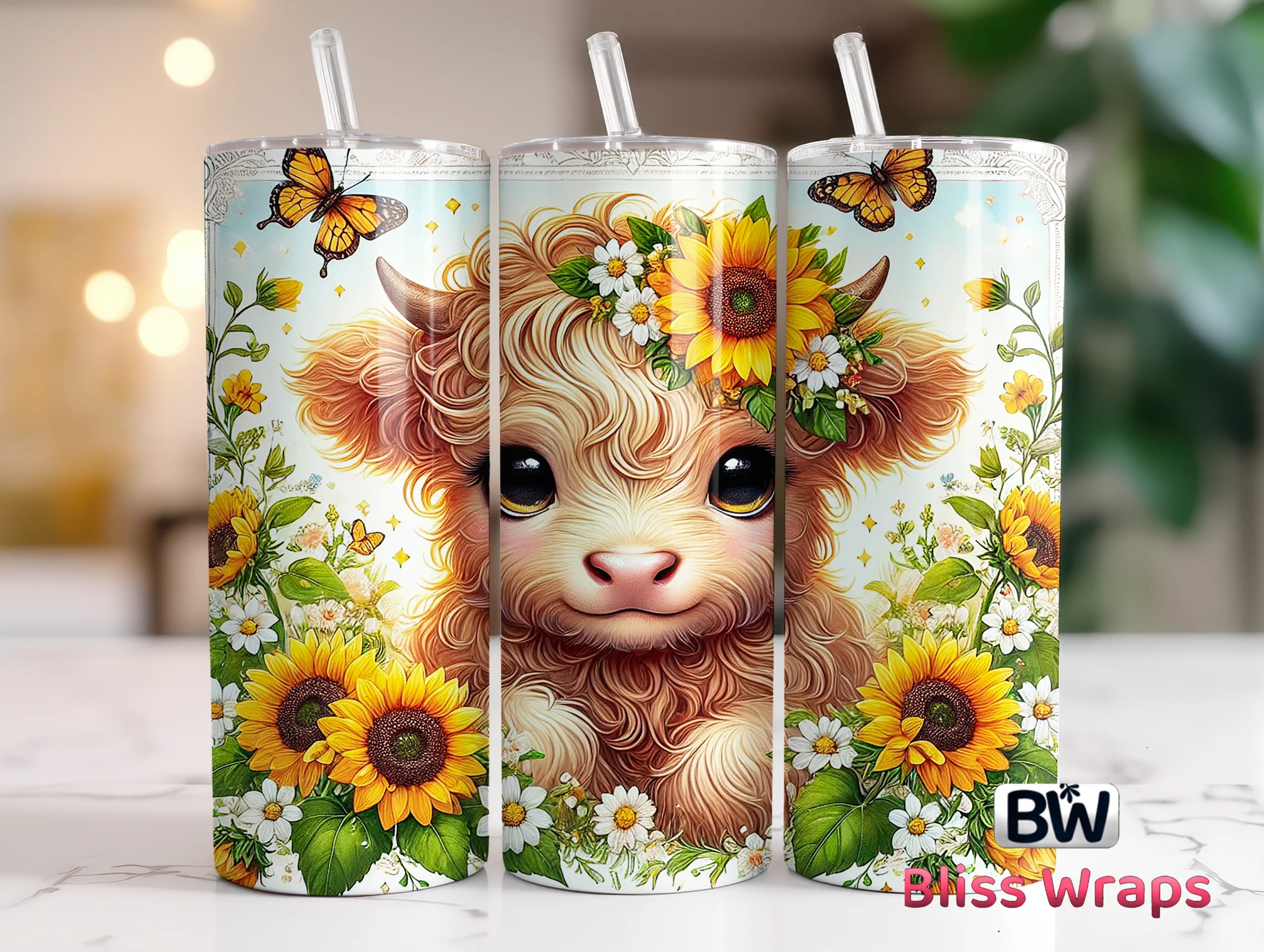 Highland Cow Sunflower Tumbler Wraps preview showing sublimation design with composition