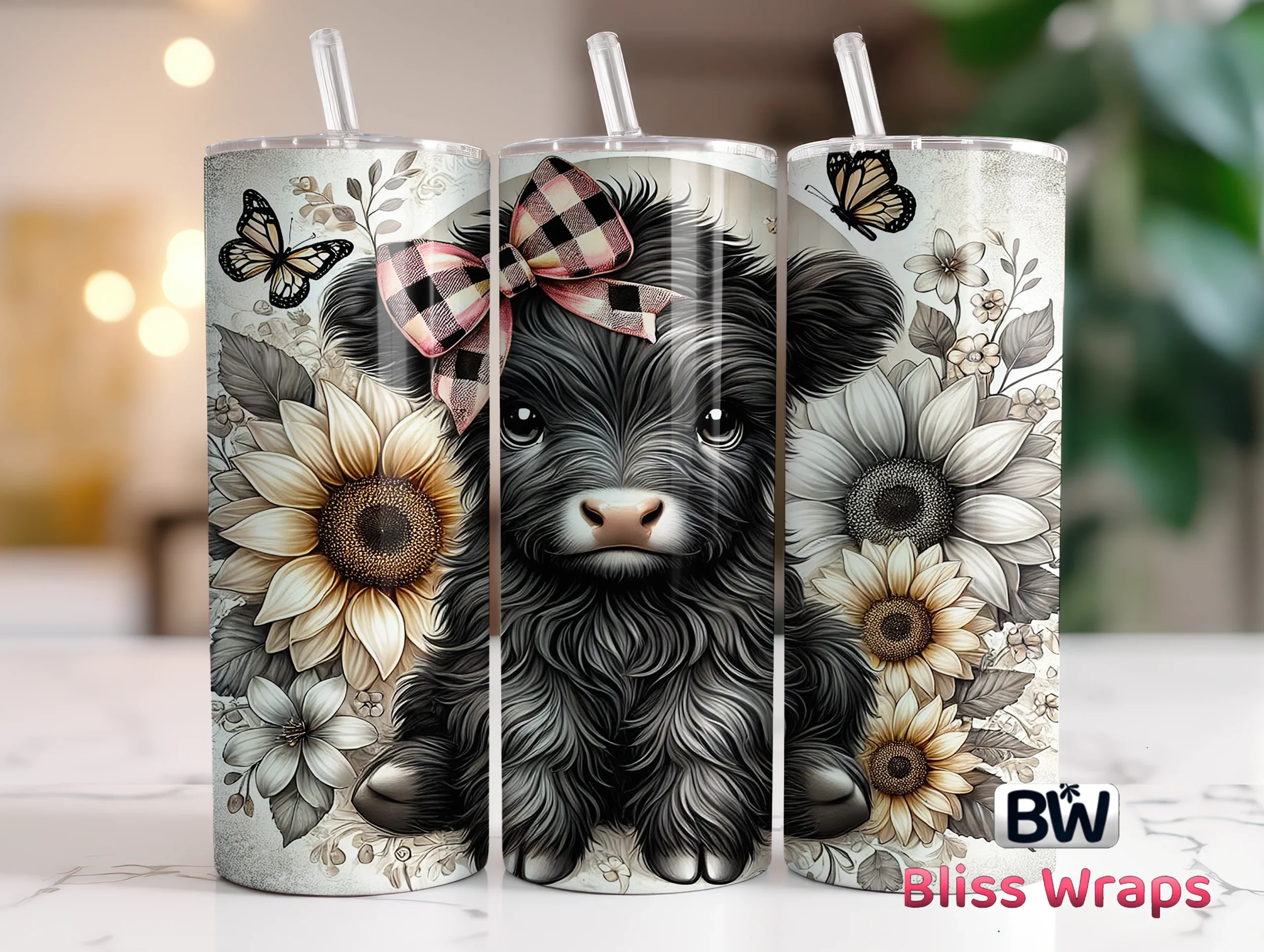 Highland Cow Tumbler Wraps PNG featuring highland cow and sunflower