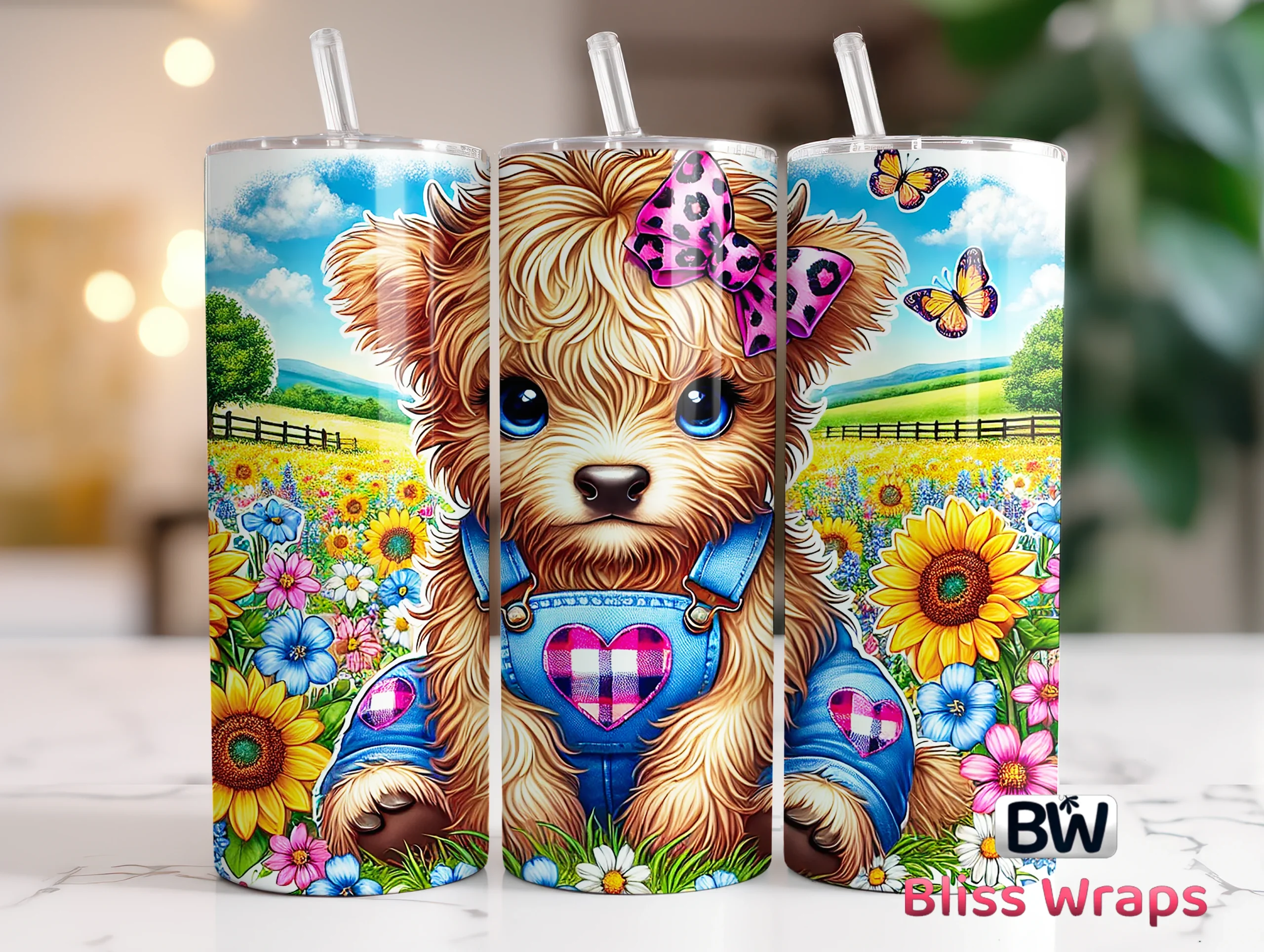 Highland Cow Tumbler Wraps PNG featuring teddy bear and sunflowers